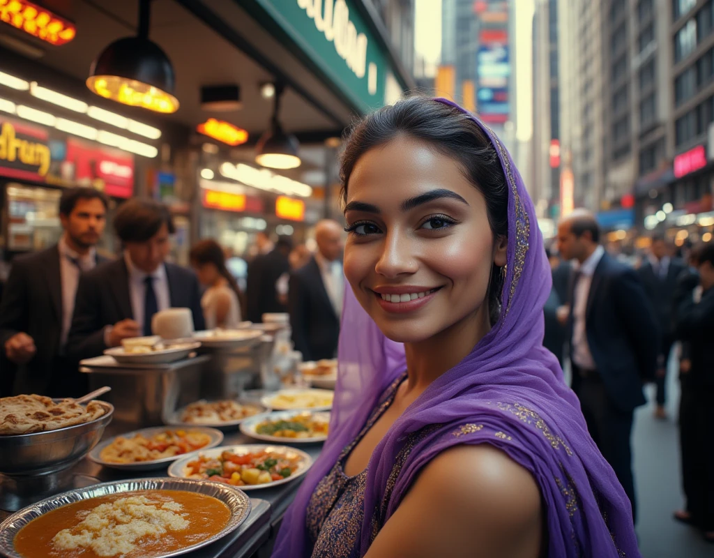 Realistic, a work of art, 8K quality live-action photos, sophisticated design, advanced lighting technology, the theme is "street food stalls", lunchtime in Manhattan's business district, a lunch car converted from a wagon into a stall, lunches from various countries lined up, focusing on a beautiful Indian woman selling naan and curry from the Indian food lunch car, the Indian woman's smile is lovely, the Indian woman has a purple transparent cape wrapped around her hair, men and women in business suits lined up in front of the lunch car on the street, a scene from lunchtime in a business district.