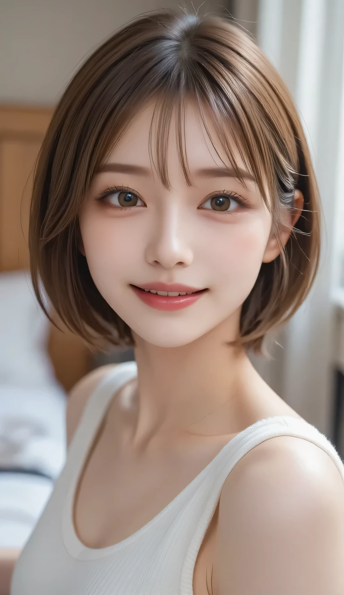 masterpiece、Highest quality、High resolution、Tabletop、wallpaper、Realistic、Bright lighting、Professional Lighting、Face Light、Smooth lighting、Japanese women、Adult、Beautiful woman、action、gravure、sexy、so beautiful、Beautiful Skin、Beautiful and detailed、Detailed face、slim、moderately、short hair、Brunette Hair、Brown eyes、Looking into the camera、smile、Cleavage