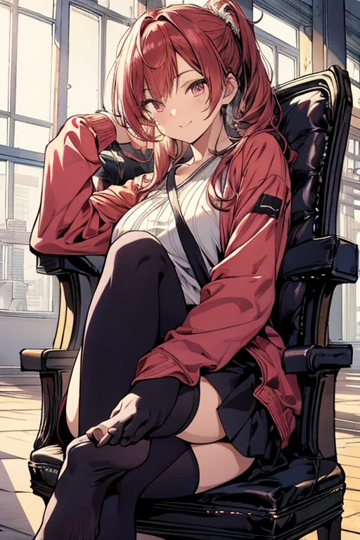 Japanese manga style, royal sister, red hair, long hair, black leather jacket, white shirt, shorts, slouchy,