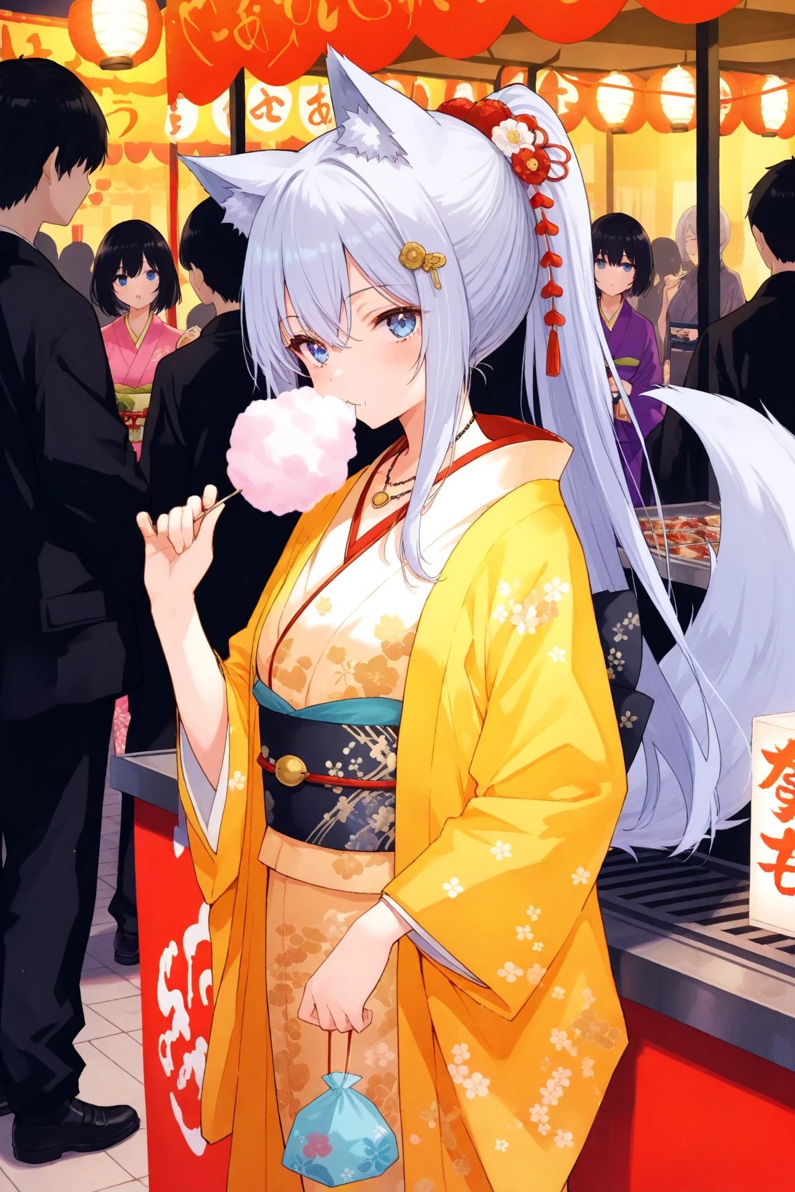 1girl,20-year-old woman,Wolf ears and tail,silver hair,ponytail,middle hair,blue eyes,necklace
,BREAK sexy kimono,layered kimono,japanese clothes,obi
,BREAK expressionless,cool look,stylish pose,cotton candy,holding cotton candy,Eating,delicious
,BREAK masterpiece,best quality,amazing quality,very aesthetic,absurdres,Great graphics
,BREAK  Street Food Stall,cotton candy stand,lively booth,fulfillment,crowd