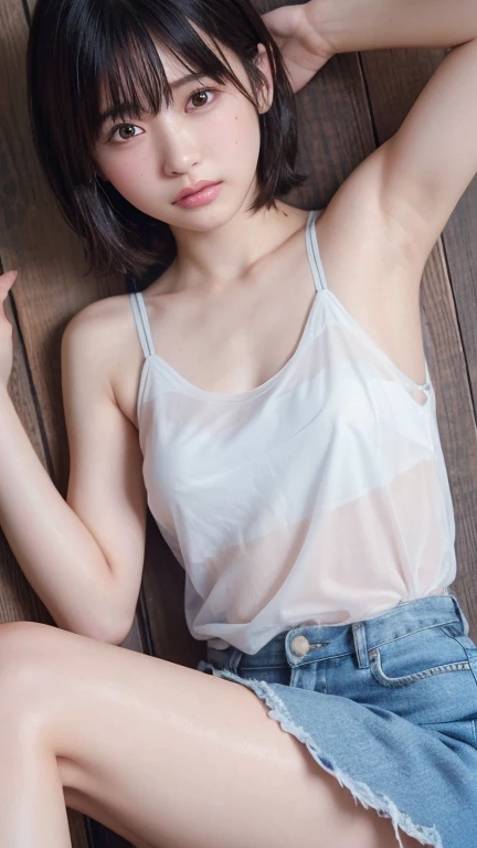 ( bob cut hair :1.2),( camisole:1.6、sheer:1.4), 1 girl, Japanese ,21 years old,( small breasts:1.3),( top quality,masterpiece:1.3, super A high resolution,),( ultra detail , caustics ),( photorealistic:1.4,RAW shooting,) super realistic capture , very detailed, high resolution 16K close-up of human skin 。  Natural Skin Texture、,pores、 small tits、  must be detailed enough to be easily identified。  skin must be uniform and healthy 。 Uses natural light and colors,  shy expression ,  staring at the camera ,  perfect dynamic composition,  flat chest、mole、((Under both armpits:1.2))、sweat、発sweat、流れるsweat、 sit with your butt on the floor 、 wet、 wet hair、 wet body、Open your knees、 M lettering