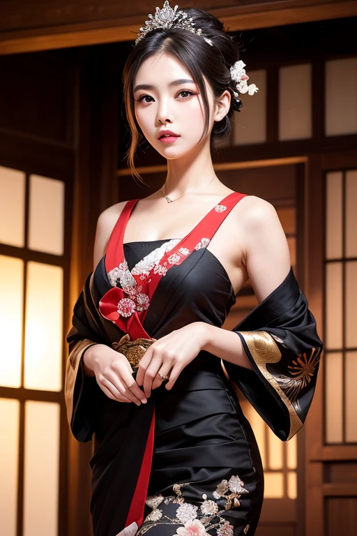 8K Ultra HD, Digital SLR,Film Grain, Fujifilm XT3,(Highest quality:1.3), (masterpiece:1.1), High resolution, Cinematic Light, Intricate details, (Realistic) (Night view) Realistic backlight、Dramatic reddish light、Beautiful Japanese Geisha full body photo, ((Facial texture Pore details)), Grin、Devilish smile, Simple messy hairstyle, She wears a black satin kimono decorated with traditional dragon motifs.., Open shoulders, Colorful dragon tattoos all over the body, Has a long blade, Long-bladed Japan sword in hand,Inside a traditional villa, 8K, Front blur