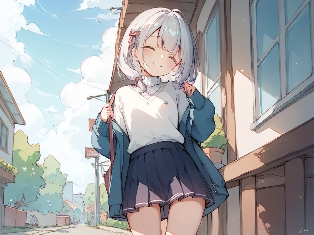 Alone、 an elementary school girl with silver hair 、 semi-long、 flat chest、 wearing a sweater and skirt、 green eyes、Height: 130cm、Playing outside 、 smiling with eyes closed