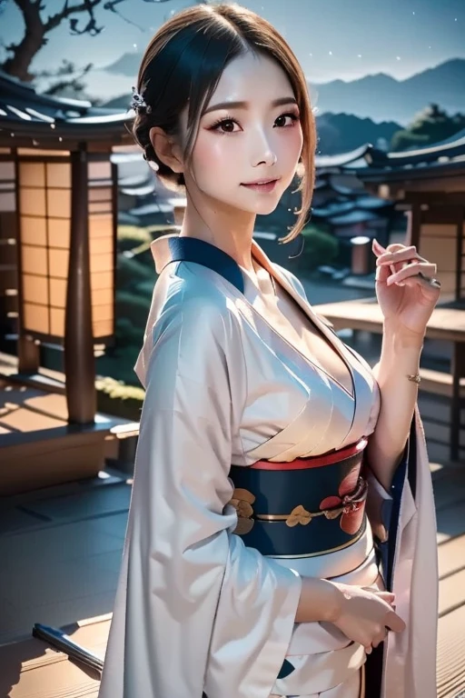 ((Metallic Liquid Kimono))top-quality、8K Masterpiece、超A high resolution、(Photorealsitic:1.3)、Raw photo、女の子1人、poneyTail、glowy skin、1、((super realistic details))、portlate、globalillumination、Shadow、octan render、8K、ultrasharp、Gigantic chest、Raw skin is exposed in cleavage、cold color、、highly intricate detail、Realistic light、CGSoation Trends、Beautiful eyes、radiant eyes、Facing the camera、neon details、((A smile))Huge ponytail)