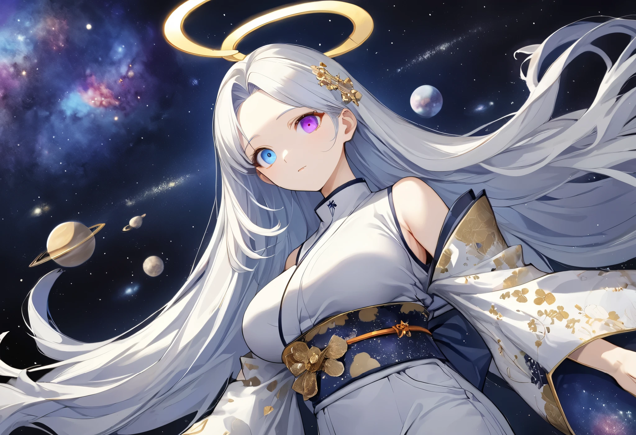 fresh illustration ,
Superfine painting,
top quality,
very delicate illustration ,
Very fine details ,
beautiful attractive anime style ,
Fascinating anime style ,
more details,
beautiful and sophisticated illustration of one girl ,
full body view,
Height: 158cm,
Fair skin,
right eye blue left eye purple perfect heterochromia ,
large black pupils ,
beautiful eyes,
Shiny super long hair ,
The roots of the hair are blue and the others are gray ,
hair has gradations
The forehead is sticking out,
pretty and cute face ,
Cheeks are ruddy,
A small, shiny halo is floating on the back of the head,
Lowering the eyebrows,
since age 27,
The upper half of the body is in a traditional Japanese kimono,
Overall white clothes ,
lower body Nadres ,
The color of the belt is black ,
The design is tastefully embroidered with gold thread,
fine fabric clothing ,
Shoulder-width narrower shoulders,
mega breasts,
Isometric,
Golden Ratio,
god々 like atmosphere,
The undershirt is indigo-colored with a stand-up collar,
outer space ,
There are multiple galaxies ,
Little Star々 upper body ,
tactical use of shadows ,
The hair and the halo on the head do not extend beyond the frame,
Clothes don't stick out of the angle of view ,
Bust Shots,