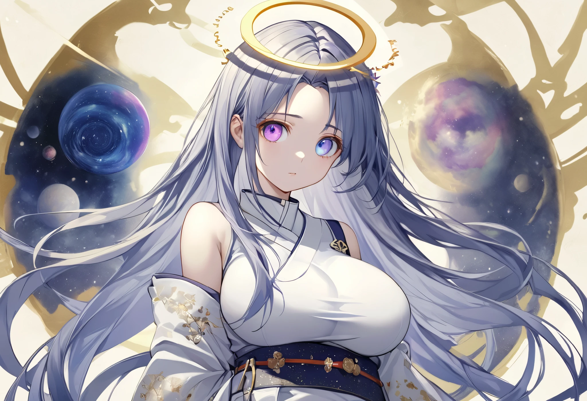 fresh illustration ,
Superfine painting,
top quality,
very delicate illustration ,
Very fine details ,
beautiful attractive anime style ,
Fascinating anime style ,
more details,
beautiful and sophisticated illustration of one girl ,
full body view,
Height: 158cm,
Fair skin,
right eye blue left eye purple perfect heterochromia ,
large black pupils ,
beautiful eyes,
Shiny super long hair ,
The roots of the hair are blue and the others are gray ,
hair has gradations
The forehead is sticking out,
pretty and cute face ,
Cheeks are ruddy,
A small, shiny halo is floating on the back of the head,
Lowering the eyebrows,
since age 27,
The upper half of the body is in a traditional Japanese kimono,
Overall white clothes ,
lower body Nadres ,
The color of the belt is black ,
The design is tastefully embroidered with gold thread,
fine fabric clothing ,
Shoulder-width narrower shoulders,
mega breasts,
Isometric,
Golden Ratio,
god々 like atmosphere,
The undershirt is indigo-colored with a stand-up collar,
outer space ,
There are multiple galaxies ,
Little Star々 upper body ,
tactical use of shadows ,
The hair and the halo on the head do not extend beyond the frame,
Clothes don't stick out of the angle of view ,
Bust Shots,