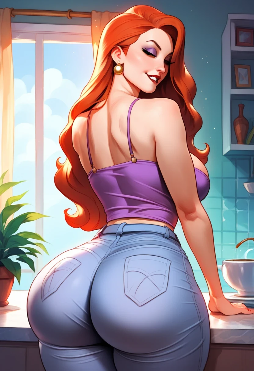 ((((masterpiece, best quality)))), ((33 year old)), (((Curvy))), ((Latina with long red hair)), in ((white tanktop)), ((white high cut fullback panties)), ((Large Hips)), ((Standing in a messy bedroom)), (((Western cartoon style)))