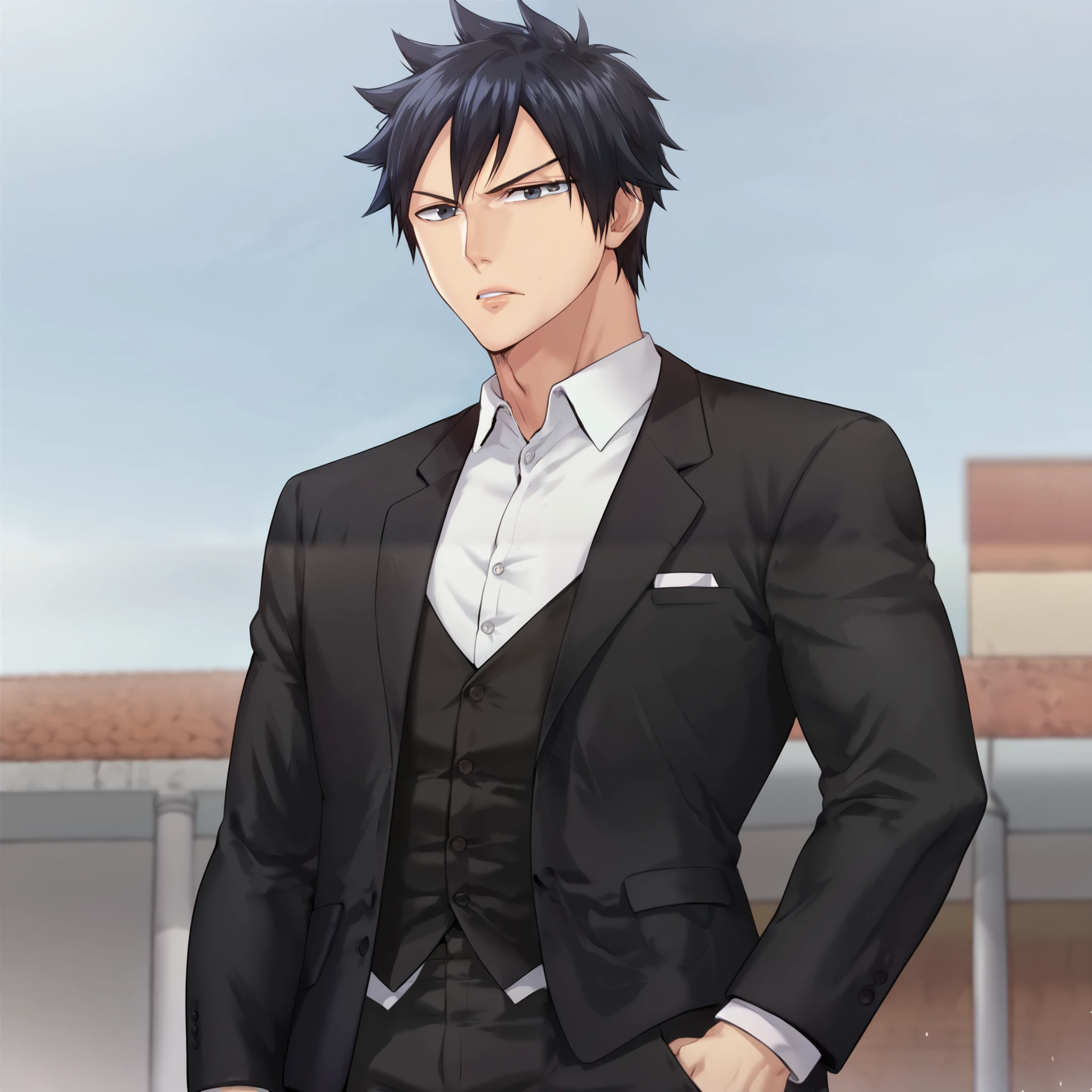score_9, score_8_up, score_7_up, source_anime , looking at viewer, upper body, , 1boy, solo, male focus, gray_fullbuster, upper body, black suit, black formal suit, suit, hands on pockets, walking, hands on pocket, small head, smaller head, broad shoulders, tall, slender, lean, fit, Long neck
