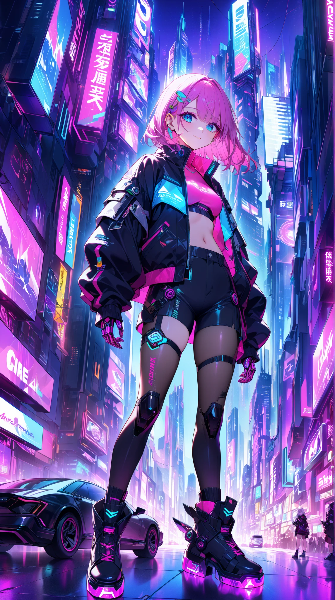  in a futuristic cyberpunk-like cityscape 、Attractive 20 Year Old Woman 。 she features mechanical prosthetic hands that shine with neon lights and 、 slim visors that cover some eyes 、 has cyberpunk-like gear integrated into the body 。 Her outfit is a fusion of tech and street fashion 、 cropped jackets and futuristic boots with LED patterns 、 metallic accessories 。The city behind it is 、 vivid holographic ads and flying cars 、 vibrant with towering skyscrapers 。 scene is neon pink 、Electric Blue、 wrapped in violet light 、 creates a dreamy yet edgy vibe。 her confident 、 but her playful expression is 、 It adds friendliness to a high-tech aesthetic 。