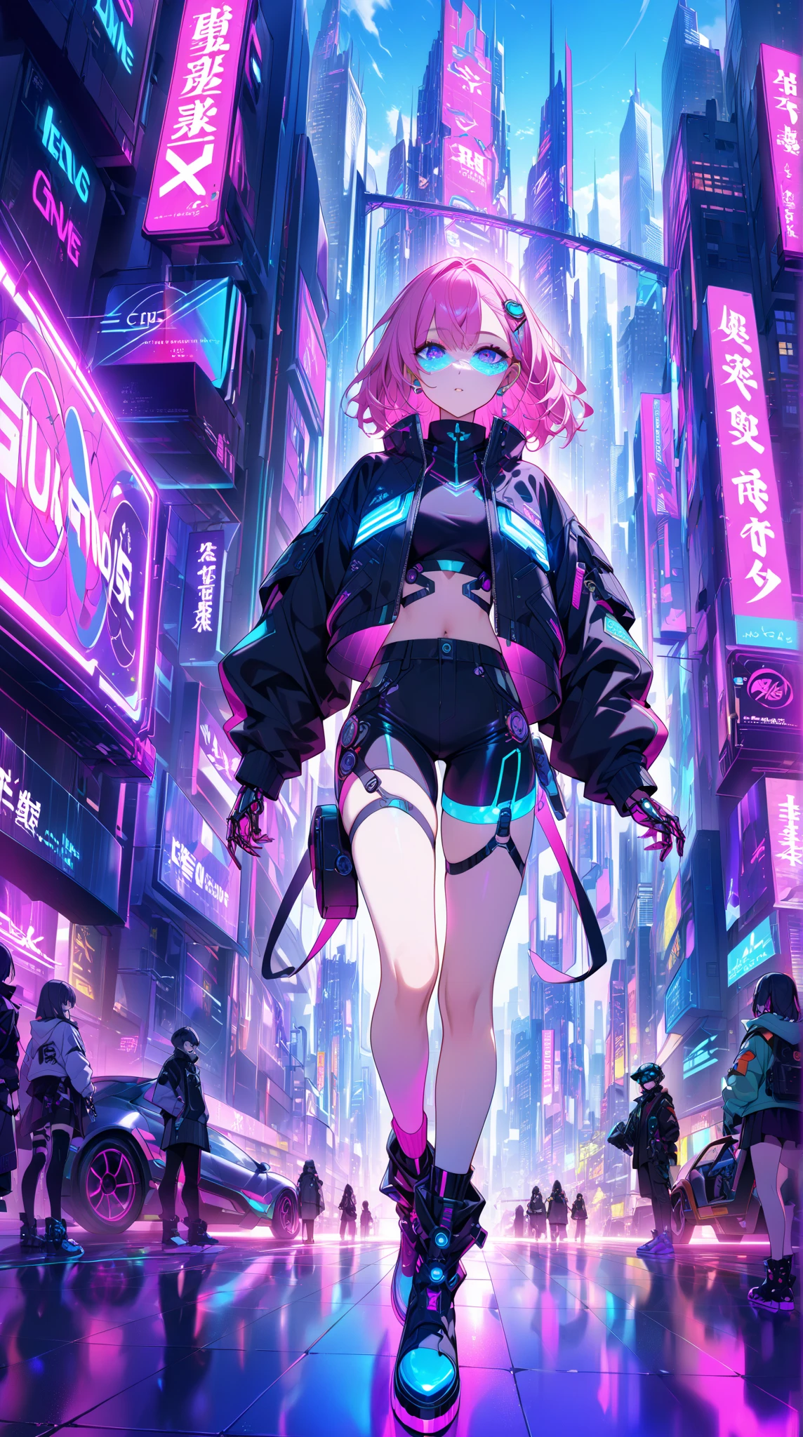  in a futuristic cyberpunk-like cityscape 、Attractive 20 Year Old Woman 。 she features mechanical prosthetic hands that shine with neon lights and 、 slim visors that cover some eyes 、 has cyberpunk-like gear integrated into the body 。 Her outfit is a fusion of tech and street fashion 、 cropped jackets and futuristic boots with LED patterns 、 metallic accessories 。The city behind it is 、 vivid holographic ads and flying cars 、 vibrant with towering skyscrapers 。 scene is neon pink 、Electric Blue、 wrapped in violet light 、 creates a dreamy yet edgy vibe。 her confident 、 but her playful expression is 、 It adds friendliness to a high-tech aesthetic 。