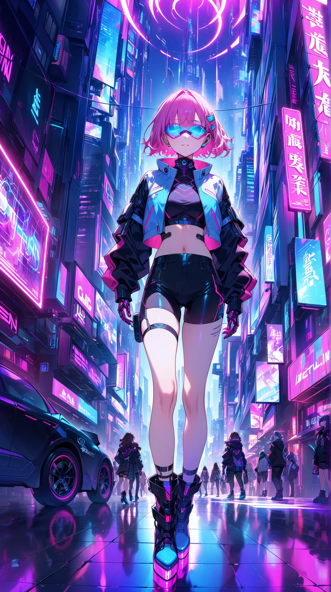  in a futuristic cyberpunk-like cityscape 、Attractive 20 Year Old Woman 。 she features mechanical prosthetic hands that shine with neon lights and 、 slim visors that cover some eyes 、 has cyberpunk-like gear integrated into the body 。 Her outfit is a fusion of tech and street fashion 、 cropped jackets and futuristic boots with LED patterns 、 metallic accessories 。The city behind it is 、 vivid holographic ads and flying cars 、 vibrant with towering skyscrapers 。 scene is neon pink 、Electric Blue、 wrapped in violet light 、 creates a dreamy yet edgy vibe。 her confident 、 but her playful expression is 、 It adds friendliness to a high-tech aesthetic 。