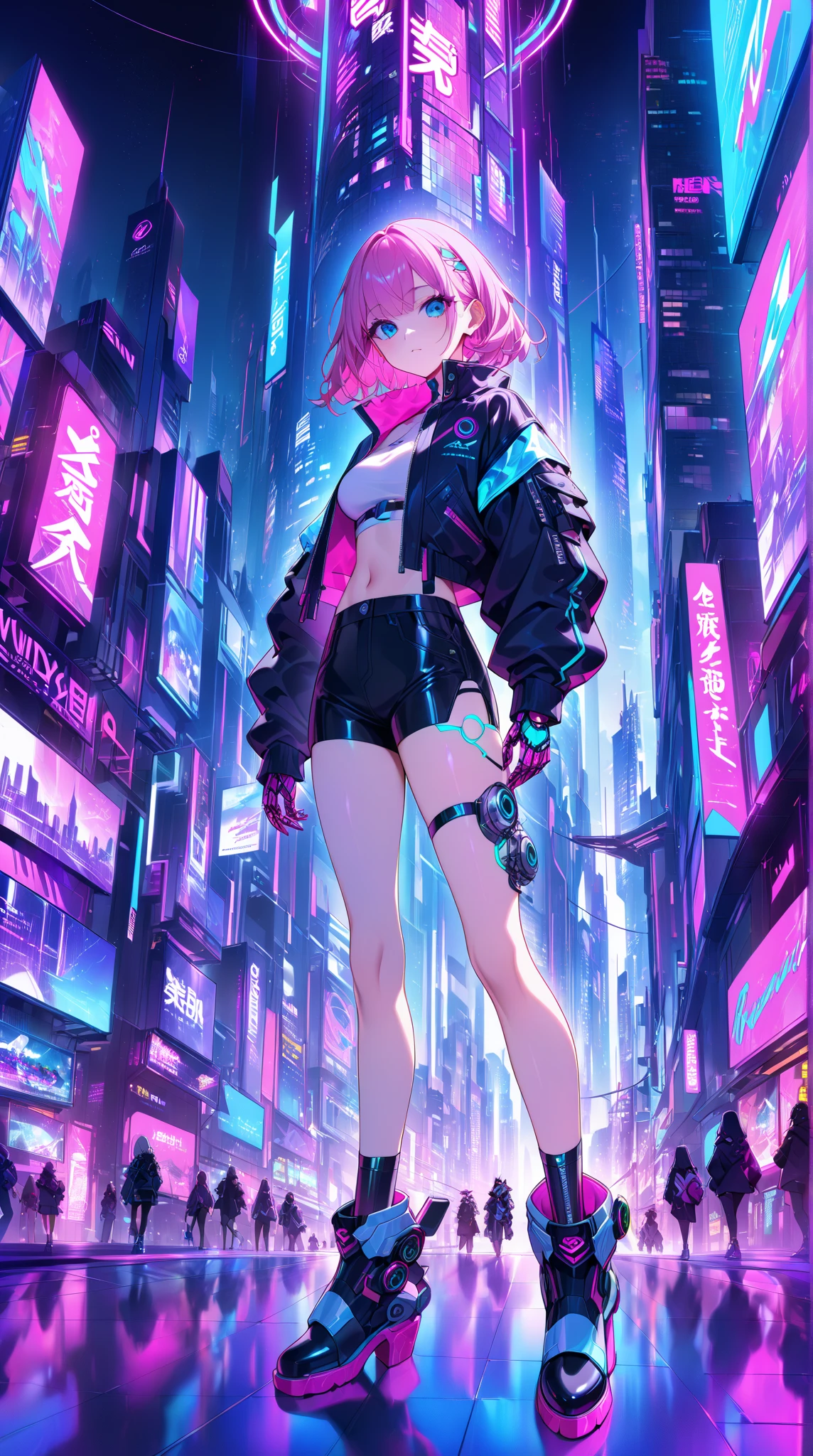  in a futuristic cyberpunk-like cityscape 、Attractive 20 Year Old Woman 。 she features mechanical prosthetic hands that shine with neon lights and 、 slim visors that cover some eyes 、 has cyberpunk-like gear integrated into the body 。 Her outfit is a fusion of tech and street fashion 、 cropped jackets and futuristic boots with LED patterns 、 metallic accessories 。The city behind it is 、 vivid holographic ads and flying cars 、 vibrant with towering skyscrapers 。 scene is neon pink 、Electric Blue、 wrapped in violet light 、 creates a dreamy yet edgy vibe。 her confident 、 but her playful expression is 、 It adds friendliness to a high-tech aesthetic 。