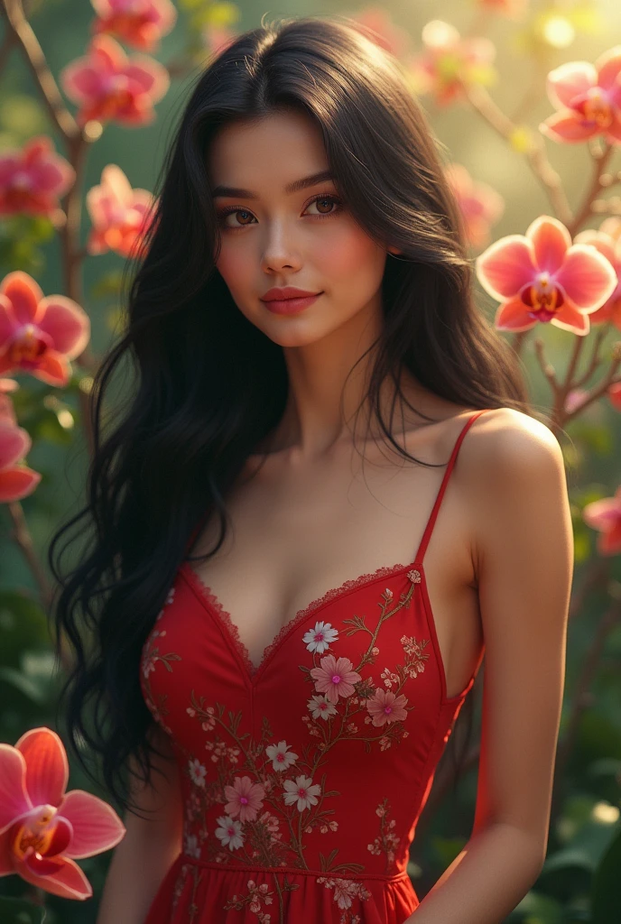 woman, long straight black hair, big bust, yellow dress, black and white silhouette image, red roses around, looking at the camera, photorealistic