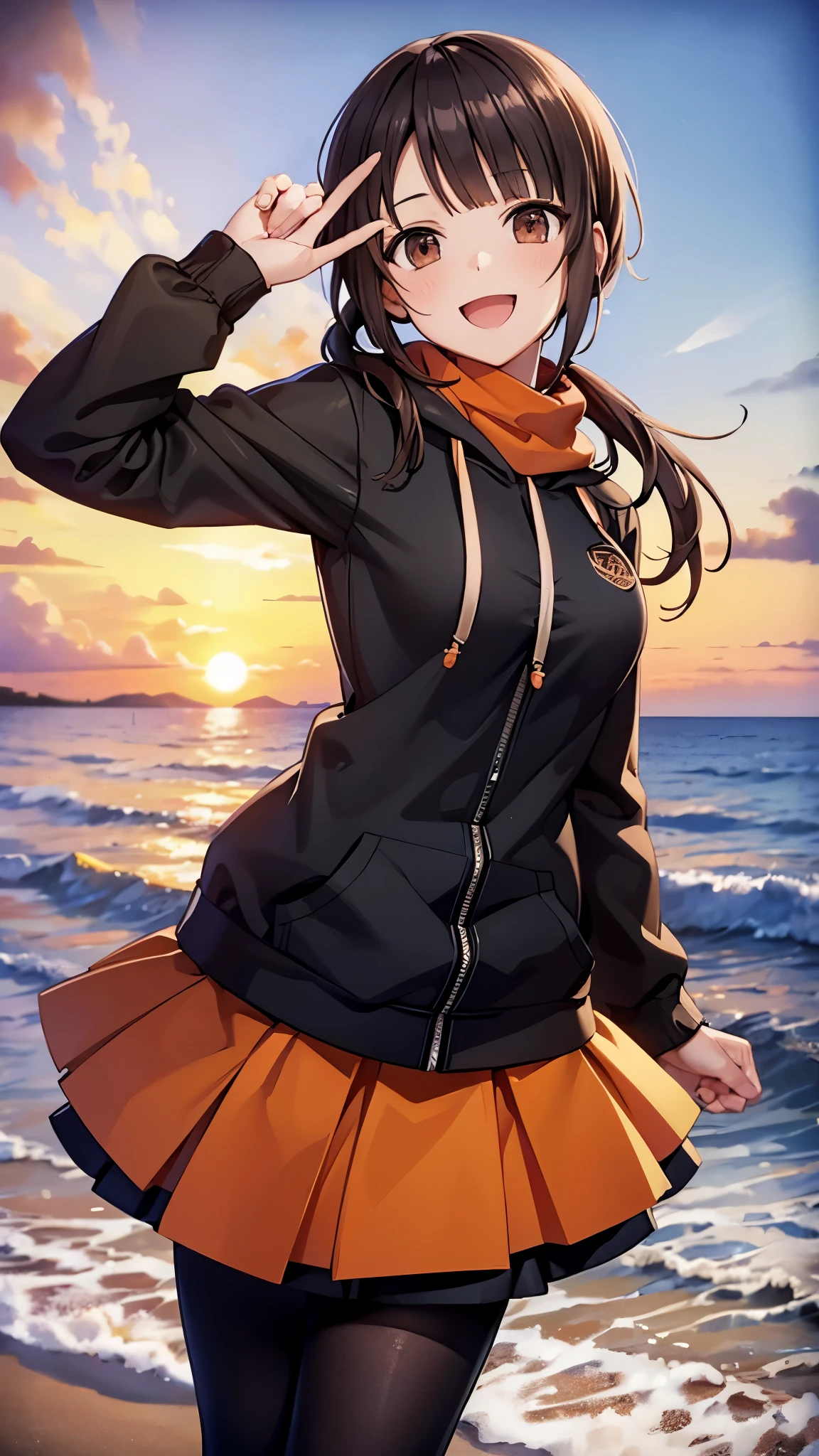 (top quality, greatest masterpiece),okitasawa,low twintale ,(orange hoodie:1.3),black frill long skirt,black pantyhose, brack coat, anatomically correct body , looking at the camera, very detailed facial features, beautiful and perfect face,(:d:1.3),Sunset sky,Evening summer and winter seashore,((over head shot:1.3)),sea, sandy beach, looking at the camera, Front Angle,The setting sun,red cheek:1.3,red Scarf