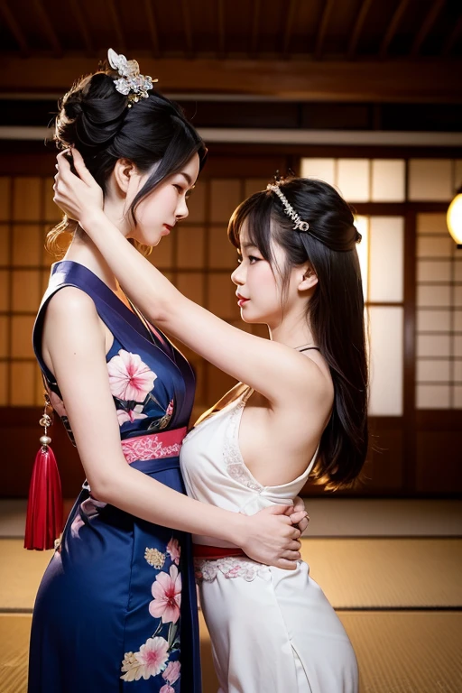 Realistic picture, Masterpiece, Virtual image, Beautiful woman in Japanese kimono, 20 years old,with a 50 year old man, Revealing the kiss,Between the chest, , The rooms are decorated in a Japanese style from the 1980s. At night,, (The composition is clear and balanced.), Look straight into the camera, beautiful thick hips, Ultra-detailed face with wrinkles and expression lines, Her skin is delicate and fine., A clear, defined hand with an intricate vein pattern., Studio level lighting, Low contrast, bokeh background, portrait photography, Long Exposure, High resolution 1080p.