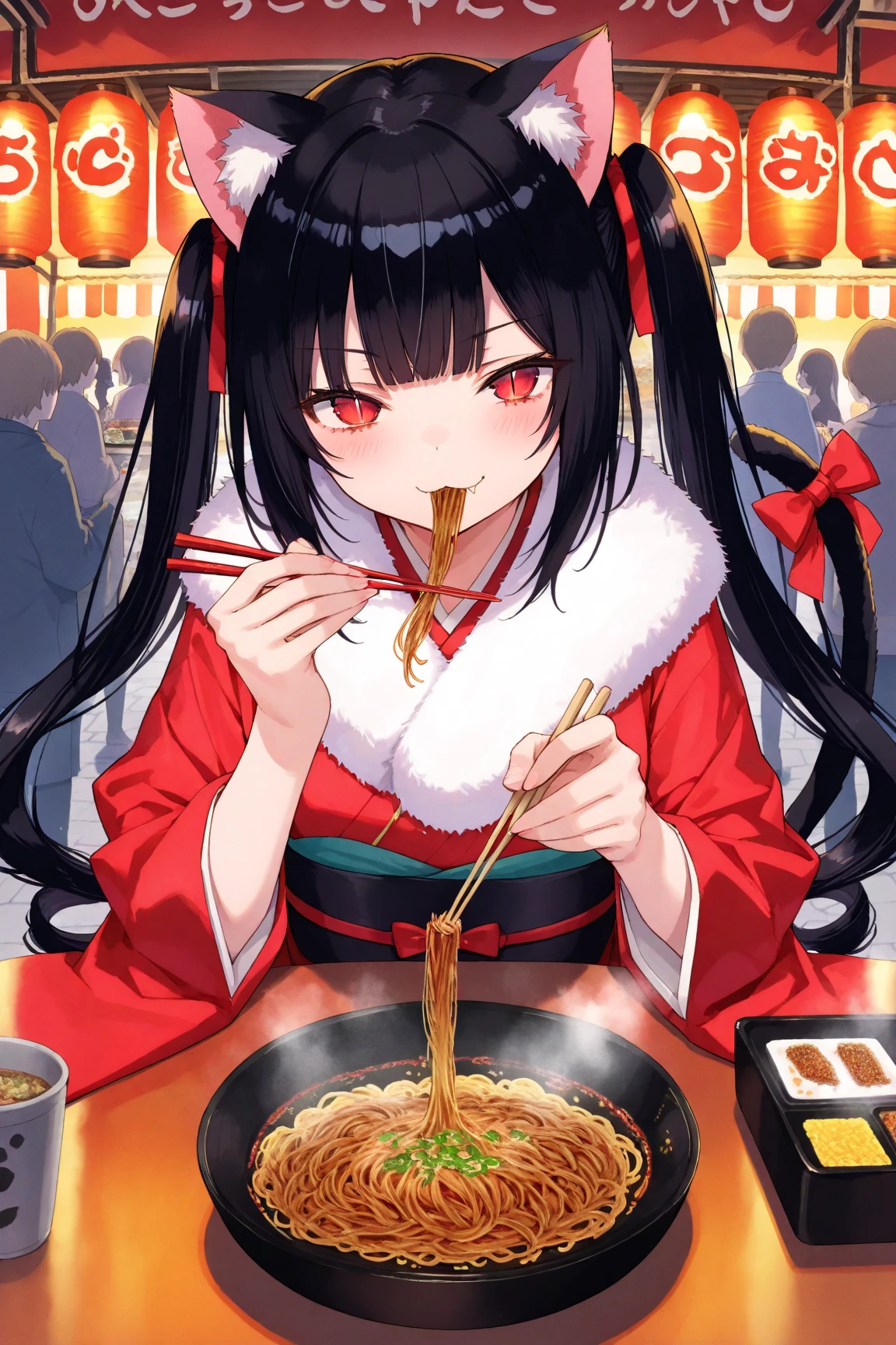 1girl,Red eyes,(slit pupils),Black Hair(Red gradient),blunt bangs,Long Hair,Twin tails,curly hair,Cat ears and tail,(No human ears)
,BREAK Japanese kimono,cat ears,cat girl,cat tail,:3,tail bow
,BREAK naughty face,yakisoba,holding long chopsticks,action,steam,Eating,delicious,happy
,BREAK masterpiece,best quality,amazing quality,very aesthetic,absurdres,Great graphics
,BREAK  Street Food Stall,yakisoba stand,lively booth,fulfillment,crowd