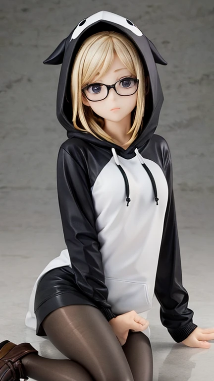 One Person. Alone. One Middle-aged anime woman in blue jeans and a black hooded jacket. shoulder-length brown hair , blue eyes and glasses with black frames. She is smiling. Cool Pose