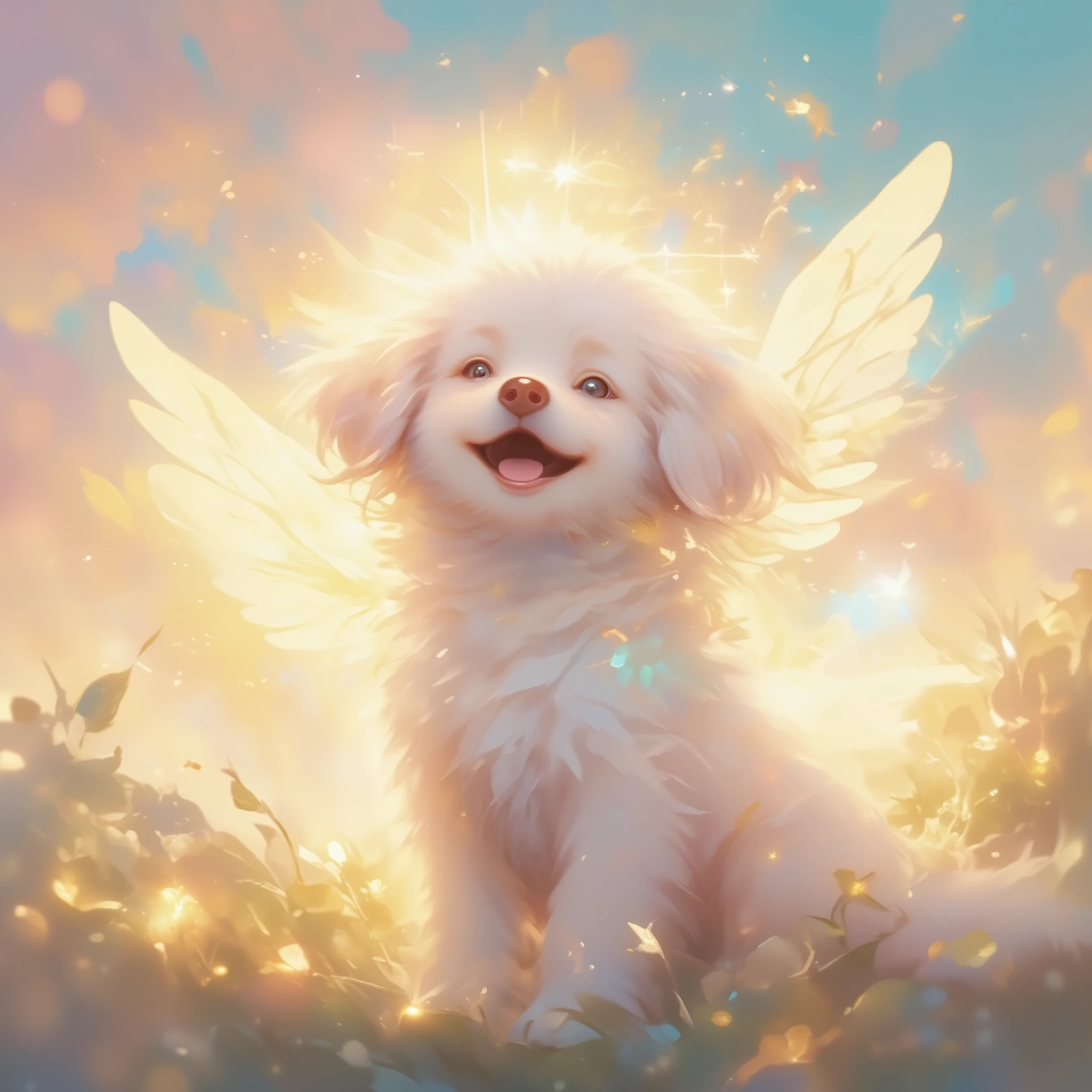 a Cute white puppy with fluffy, pure white fur, happily, soft golden light surrounds the puppy, giving it a warm, peaceful glow. Wings float in the air and the sky is painted in soft pink, blue, and gold pastel colors, evoking a sense of serenity and eternal peace, The atmosphere is serene, heavenly, and filled with a loving, heavenly presence.