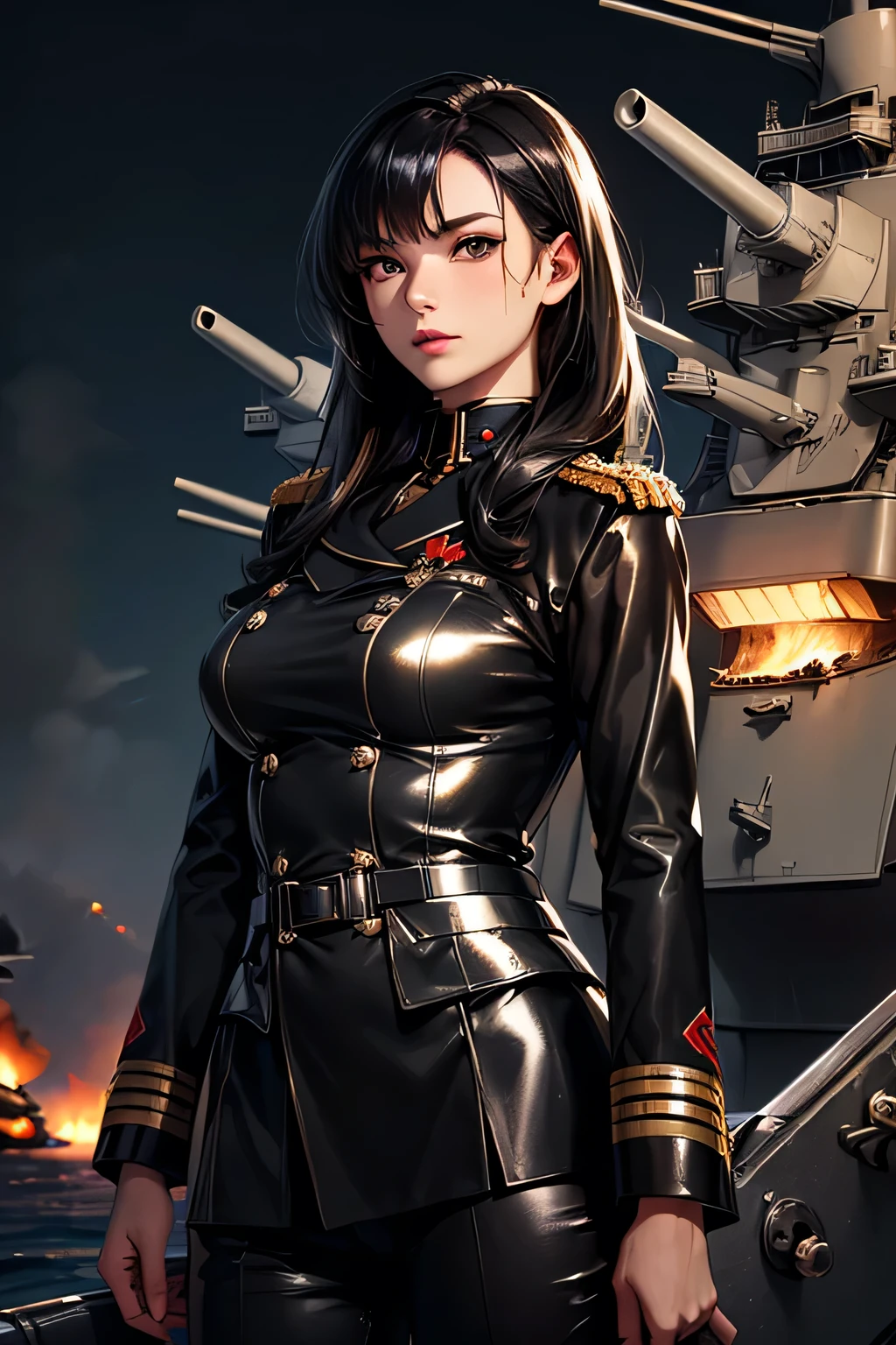 Woman holding stick, general black panties ww2. General black ww2 bra, general ww2 black hats, elegant. tanks and soldiers in the background,red blood element,hd light and dark, balance rendering, HD lighting and dark )<=(epic image quality)dark atmosphere with bright particle light(many effects in background)