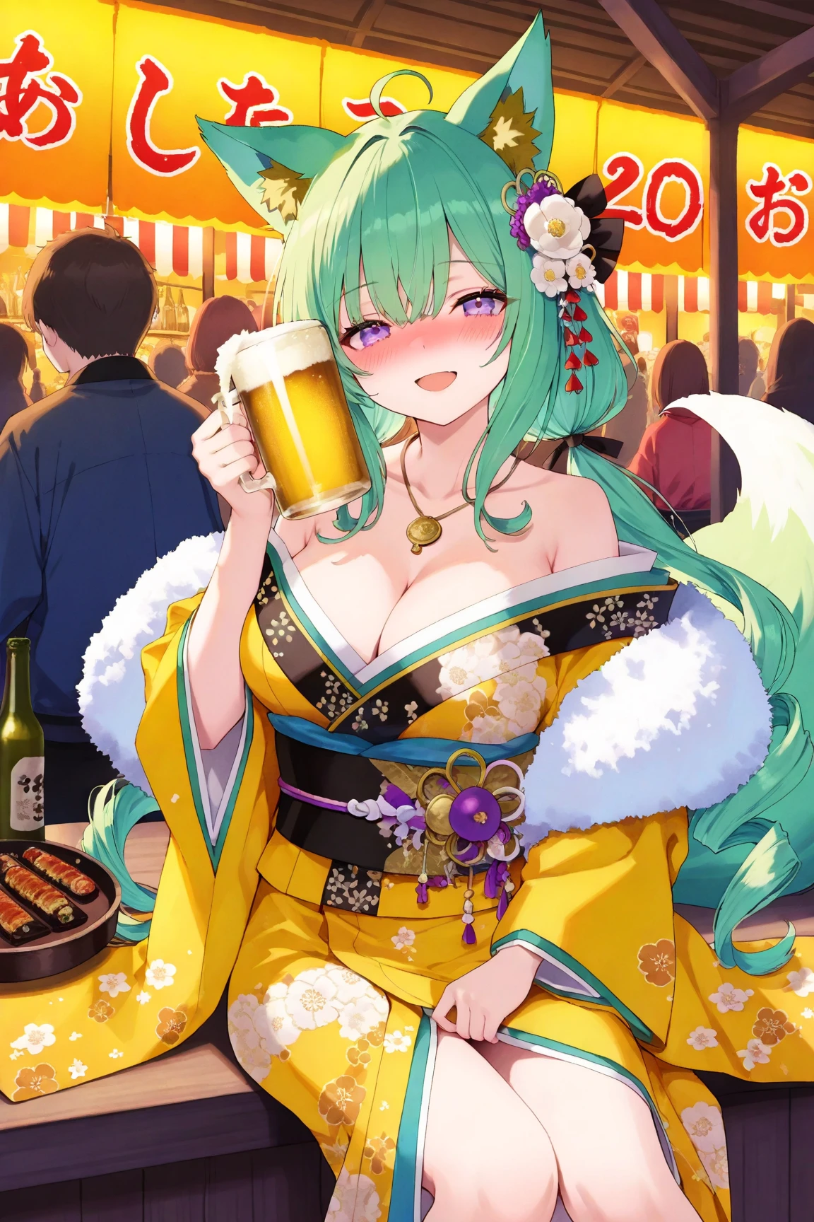 1girl,20-year-old woman,purple eyes,green hair,(low twintails),Fox ears and tail,Asymmetrical bangs,necklace,Large Breasts
,BREAK kimono,layered kimono,obi,furisode,White fluffy scarf,obijime,gold kanzashi,drill sidelocks,single white flower hair ornament and black ribbon,black corset
,BREAK drunk,happy,beer,holding beer,down a beer,delicious
,BREAK masterpiece,best quality,amazing quality,very aesthetic,absurdres,Great graphics
,BREAK  Street Food Stall,stand,lively booth,fulfillment,crowd