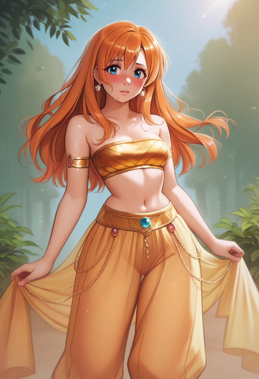 (Masterpiece, Best Quality, High Quality), kousaka honoka , kousaka honoka, blue eyes, orange hair, lavender silk bandeau top with golden accents and dangling ornaments, transparent flowing skirt adorned with golden chains and a large blue sapphire centerpiece at the waist,Golden armlets encrusted with tiny jewels,8k wallpaper, looking at viewer, earrings, outdoors, erotic figure, (blushing) , sweating,transparent harem pants,p4l0m4