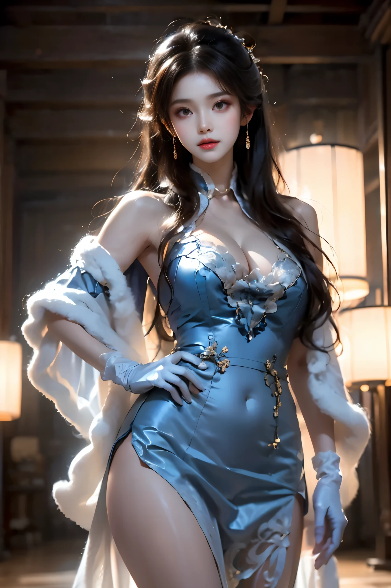 guqinghan,cangyugezhu,
chinese clothes, china theme, blue dress,white lace trimgloves, fur trim, side slit, cape, shawl, (cowboy shot:1.3), (from below:1.2),photorealistic beautiful woman, fashion model with long legs, (standing in hallway:1.2), portico corridor, single bare shoulder, (elegant contrapposto pose:1.2), graceful stance, slim athletic figure, (high detailed skin:1.2), (Full breasts, visible cleavage, very short hemlines, revealing smooth thighs), soft ambient lighting, cinematic lighting, depth of field, 85mm portrait photography, natural shadows, professional fashion photography, high-end magazine style, high resolution, masterpiece, best quality, intricate details, hyperrealistic