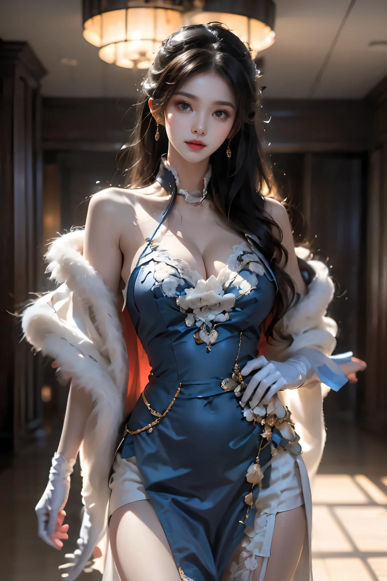 guqinghan,cangyugezhu,
chinese clothes, china theme, blue dress,white lace trimgloves, fur trim, side slit, cape, shawl, (cowboy shot:1.3), (from below:1.2),photorealistic beautiful woman, fashion model with long legs, (standing in hallway:1.2), portico corridor,  single bare shoulder,     (elegant contrapposto pose:1.2), graceful stance, slim athletic figure, (high detailed skin:1.2), (Full breasts, visible cleavage, very short hemlines, revealing smooth thighs), soft ambient lighting, cinematic lighting, depth of field, 85mm portrait photography, natural shadows, professional fashion photography, high-end magazine style,  high resolution, masterpiece, best quality,  intricate details, hyperrealistic