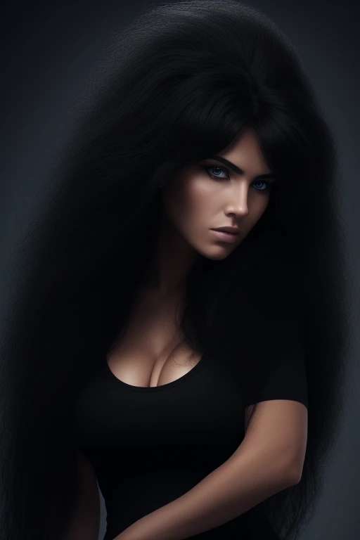 most very jet black hair,most very long hair,most very lion hair,most very wolf hair,most very frizzy hair,coarse hair,most very spread hairstyle,thick hair,fluffy hair,most very heavy weight hair,heavy looking hairstyle,most very voluminous hair,shiny jet black hair,woman's hair is covering all right eye,female jail officer,black uniform,a heavy-looking uniform,black pants,tall woman,1 Germany woman,woman's height 2.5m,most very strong face,most very angry face,blue eyes,very close-up to face,most very muscle body,most very beautiful face,show more hair,high resolution,red background