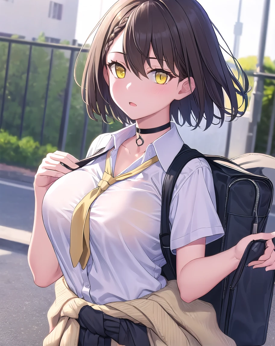 Baltimore,  brown hair, ( yellow eyes:1.5),  braided , stupid hair,  short hair, french  braided ,  hair between eyes ,  bob cut,
break beige  cardigan, beige   sweater  , black  choker , black  ties, black  skirt ,  cardigan,  cardigan around waist,  choker ,  waist circumference clothing, collared  shirt, loose  ties,  ties,  Official Alternate Costumes ,  school bag,  shirt,  shirt tucked in,   short sleeve,  skirt ,   sweater  ,   sweater   around waist, tied   sweater  ,  white  shirt,
break looking at viewer,
break outdoors,
break (Masterpiece:1.2),  top quality,  high definition,  unification of 8K wallpapers , ( illustration:0.8), (  beautiful eyes in every detail  :1.6),  Extremely Detailed Face ,  perfect lighting,  extremely detailed CG, (perfect hand,  perfect anatomy),