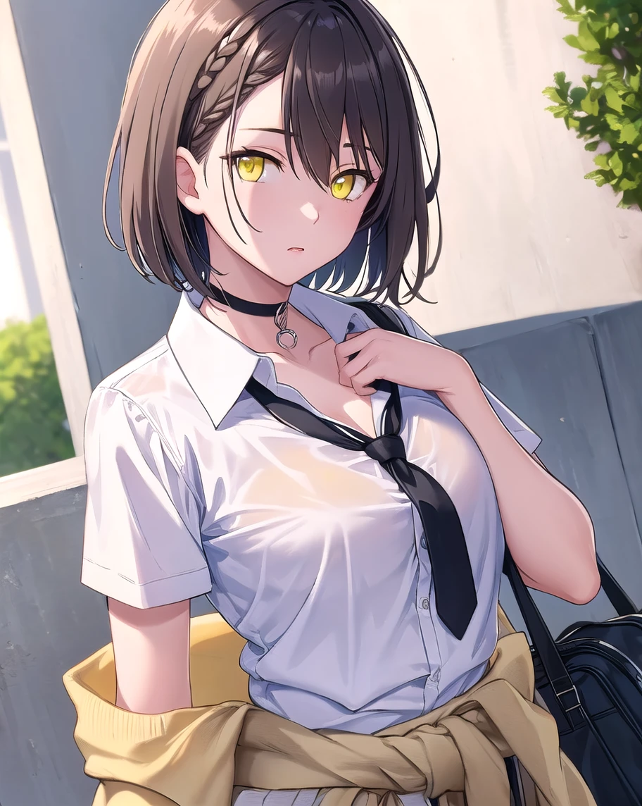 Baltimore,  brown hair, ( yellow eyes:1.5),  braided , stupid hair,  short hair, french  braided ,  hair between eyes ,  bob cut,
break beige  cardigan, beige   sweater  , black  choker , black  ties, black  skirt ,  cardigan,  cardigan around waist,  choker ,  waist circumference clothing, collared  shirt, loose  ties,  ties,  Official Alternate Costumes ,  school bag,  shirt,  shirt tucked in,   short sleeve,  skirt ,   sweater  ,   sweater   around waist, tied   sweater  ,  white  shirt,
break looking at viewer,
break outdoors,
break (Masterpiece:1.2),  top quality,  high definition,  unification of 8K wallpapers , ( illustration:0.8), (  beautiful eyes in every detail  :1.6),  Extremely Detailed Face ,  perfect lighting,  extremely detailed CG, (perfect hand,  perfect anatomy),