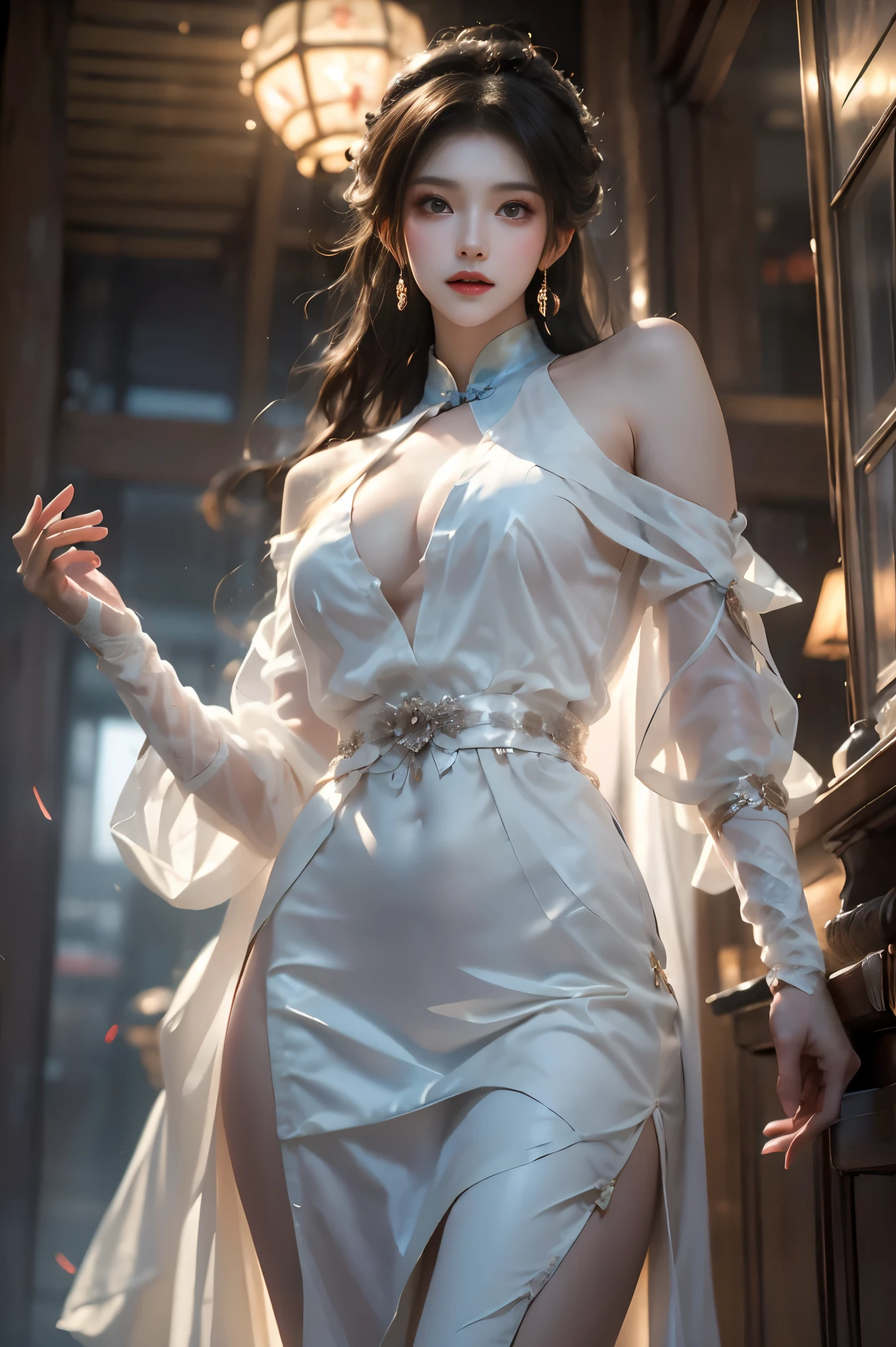 A lady with extraordinary temperament, she stands in a modern indoor space, as if she is a model from a fashion magazine. She is wearing a (pure white long fur cape), the softness and luster of which makes her look more noble under the light, and complements her (beige dress) underneath, showing her gentle temperament while maintaining a sense of fashion. The style of the dress is simple and generous, a perfect match, and it lengthens her figure, making her tall and charming. The lady's makeup is delicate and elegant, which just highlights her facial features and makes people unforgettable at first sight. Although the earrings and necklace she wears are not ostentatious, they add a bit of sophistication and nobility to her overall look. Her hair is casually draped over her shoulders, and every strand of hair exudes a natural luster,, (best quality,8k,highres,masterpiece:1.2),ultra-detailed,(realistic,photorealistic,photo-realistic:1.37),studio lighting,ultra-fine painting,sharp focus,physically-based rendering,extreme detail description,professional,vivid colors