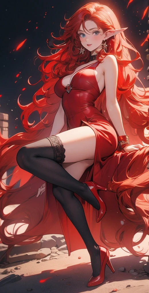 A striking, surreal a woman with cascading red hair, cute ass, sexy legs, her intense gaze fixed on an unseen point to her left. Her attire, a daring fusion of dark fragments or shards, contrasts sharply with her golden tresses. A swirling, vibrant backdrop of white, blue, and gray conveys a sense of perpetual motion and energy. The image exudes a palpable intensity and dynamic atmosphere, capturing the viewer's attention with its daring aesthetic.