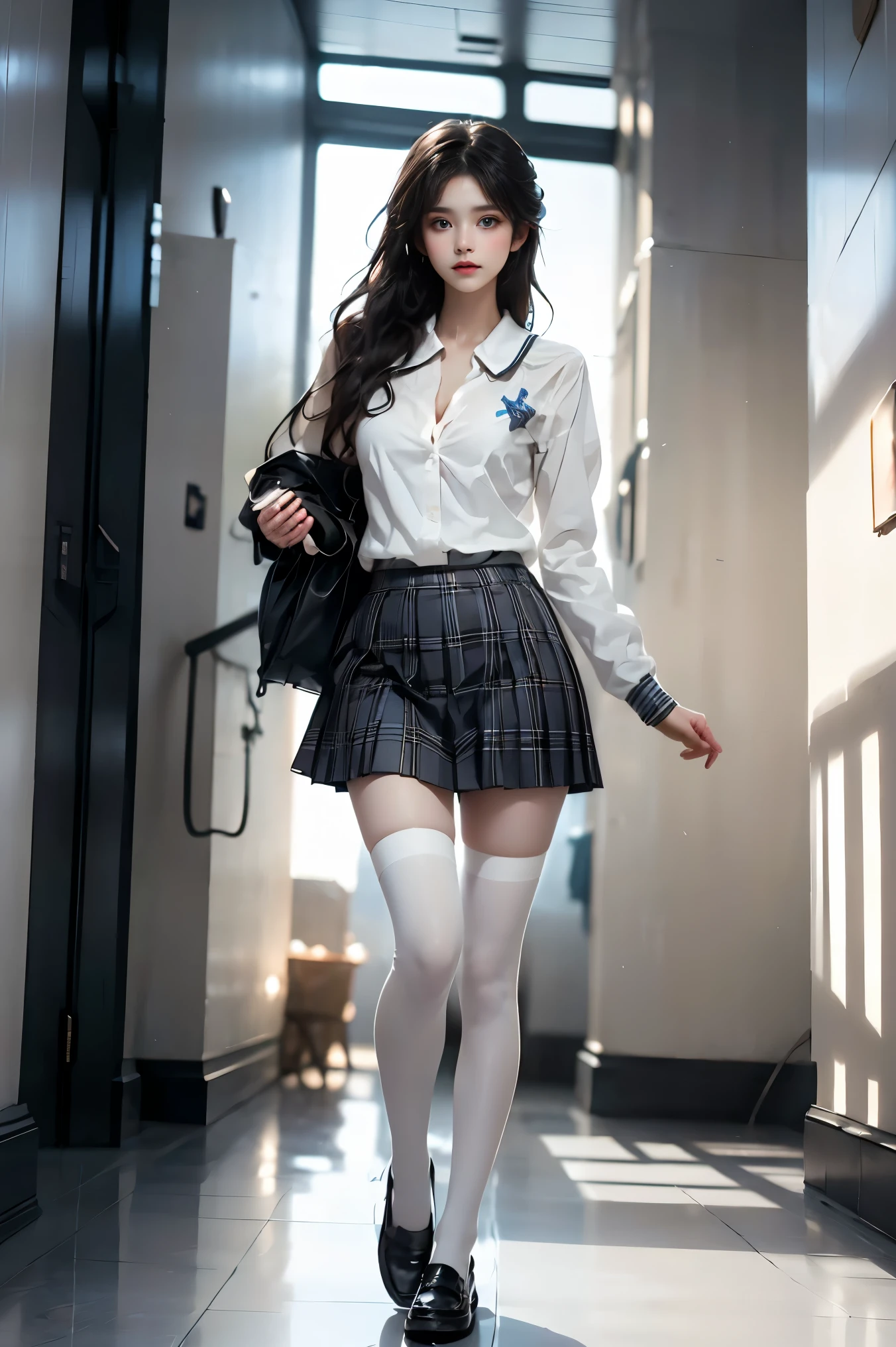 white thighhighs
loafers
black footwear
brown footwear
school uniform
mary janes
pleated skirt
plaid skirt
serafuku (cowboy shot:1.3), (from below:1.2),photorealistic beautiful woman, fashion model with long legs, (standing in hallway:1.2), portico corridor, single bare shoulder, (elegant contrapposto pose:1.2), graceful stance, slim athletic figure, (high detailed skin:1.2), (Full breasts, visible cleavage, very short hemlines, revealing smooth thighs), soft ambient lighting, cinematic lighting, depth of field, 85mm portrait photography, natural shadows, professional fashion photography, high-end magazine style, high resolution, masterpiece, best quality, intricate details, hyperrealistic