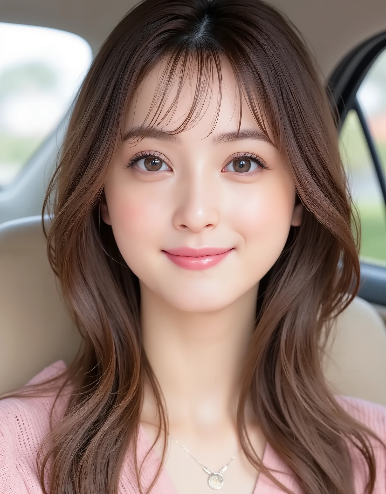 NSFW, (Highest quality), (Ultra-precise CG 16K wallpaper), (Realistic: 1.6), (High saturation), (Sharp), Beautiful detailed shading, Beautiful natural lighting, Beautiful detailed glow, Bright sunlight in the daytime, Natural light, Depth of field, (Mature 24 year old woman, One person: 1.6), (Very beautiful Japanese face), (Sasaki Nozomi), (Soft wavy semi-long hair, bangs: 1.6), (Shiny black hair), (Sparkling eyes), (C cup size breasts, cleavage, slim thighs: 1.6), (Beautiful breasts), (Beautiful legs), (Beautiful skin), Beautiful proportions, (Smile: 1.0), (Looking at me: 1.6), (Wearing a light pink ribbed knit mini dress: 1.6), (Wearing a necklace), (Sitting pose: 1.6), (Inside a car, passenger seat), (Full screen image:1.6), (head to thigh shot:1.6), (image of a woman seen from the side:1.6), (woman sitting in the passenger seat of a car exposing her thighs:1.6),