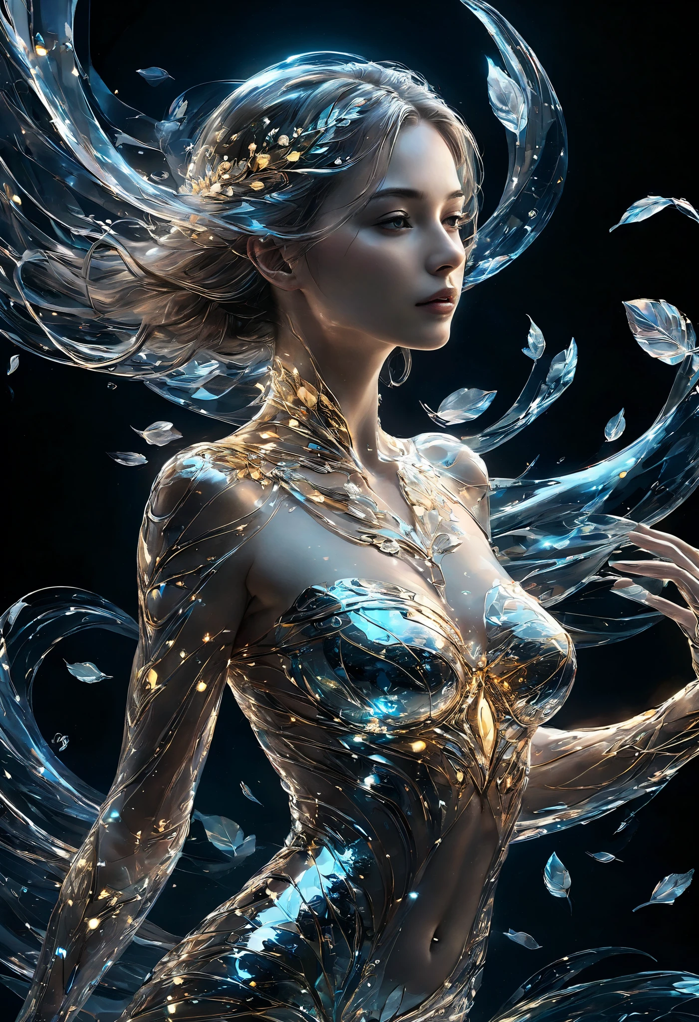 "Craft a mesmerizing double exposure scene where the delicate silhouette of a beautiful woman is interwoven with the dynamic patterns of Ferrofluid in motion. The graceful lines of her figure merge seamlessly with the swirling, metallic forms, creating a captivating dance between human elegance and scientific wonder. This composition celebrates the harmonious relationship between art, science, and beauty, reminding us of the incredible possibilities that arise when creativity and innovation intertwine."