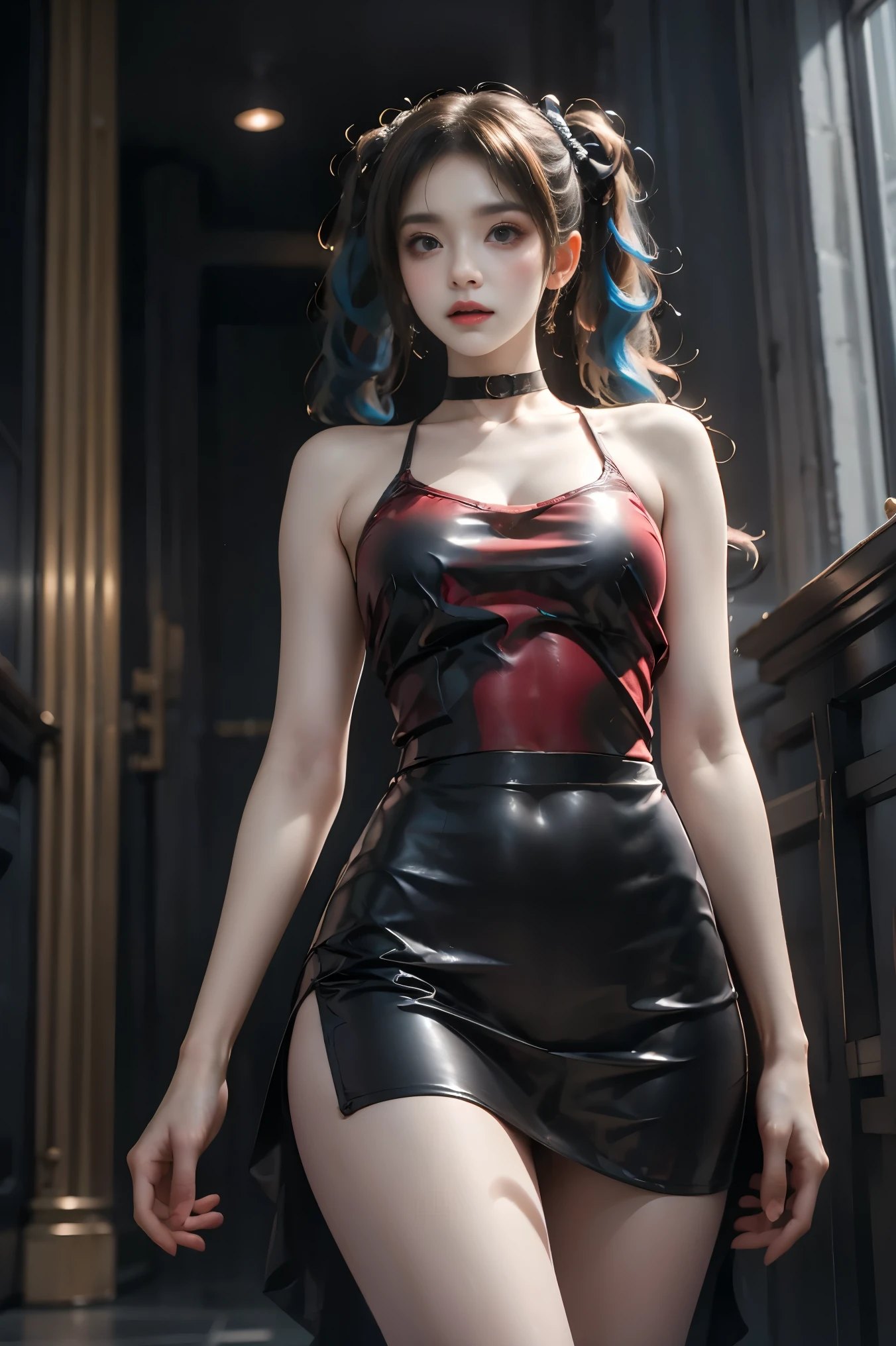 Bottom up, redhead, whole body tattooed, transparent red lingerie, leather mini-skirt, back