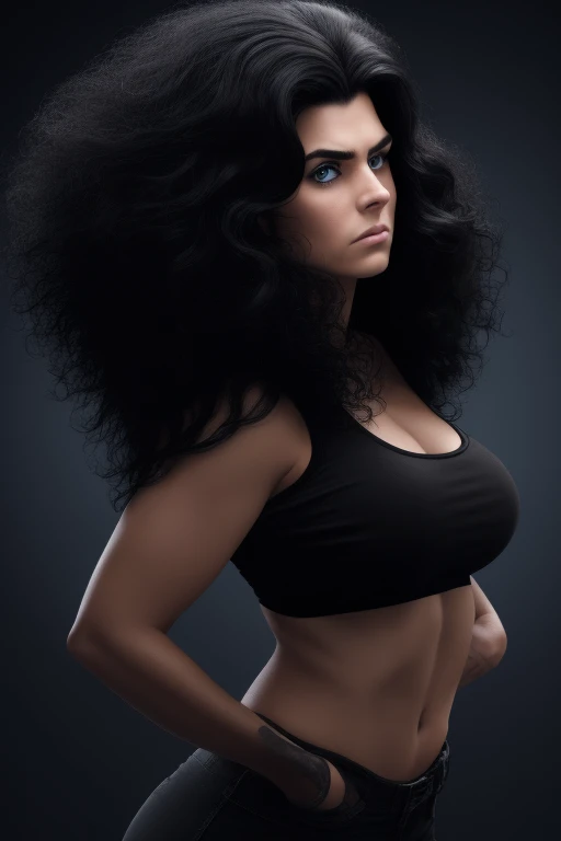 most very jet black hair,most very long hair,most very lion hair,most very wolf hair,most very frizzy hair,coarse hair,most very spread hairstyle,thick hair,fluffy hair,most very heavy weight hair,heavy looking hairstyle,most very voluminous hair,shiny jet black hair,woman's hair is covering all right eye,female jail officer,black uniform,a heavy-looking uniform,black pants,tall woman,1 Germany woman,woman's height 2.5m,most very strong face,most very angry face,blue eyes,very close-up to face,most very muscle body,most very beautiful face,show more hair,high resolution,red background