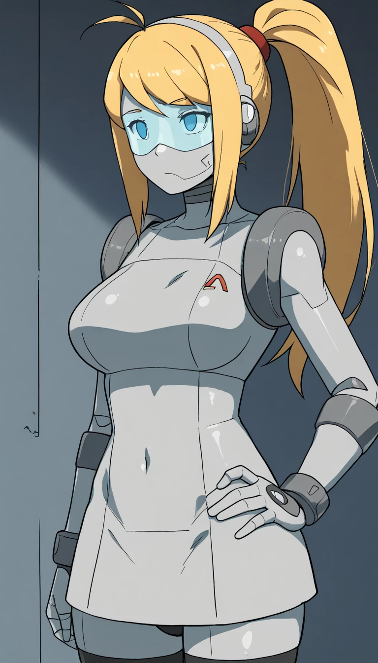 masterpiece, best quality, extremely detailed, (8K, 4K, Best Quality, hight resolution, 超A high resolution:1.1), ,8k portrait, Japaese android Girl,Plump , dark black leg cover,announcer,control panels,android,Droid,Mechanical Hand, Robot arms and legs, Black Robot Parts,yellow ponytail,Mechanical body,Blunt bangs,perfect mechanical abdomen,blue robotics parts,perfect robot woman,future laboratory,cyber pank,charging spot,laboratory,long tube,thick cable connected her neck,blue ceramic body ,perfect mechanical body, blue robot body,lod antenna,mechanical ear cover,android,robot humanoid,black sponge joints,The removable cover is in the groin,The connection port is in the groin,opened chest panel,access panel on the chest,opened breast panel,perfect mechanical breast,perfect black machine body,perfect black android body,She has repaired,assembly plant,no human skin,visor,mistyrobot,samus aran,dress,empty eyes,malfunction,robot joint,doll joint,robotization,tight bodysuit,lying,surgery table,spark,restrained