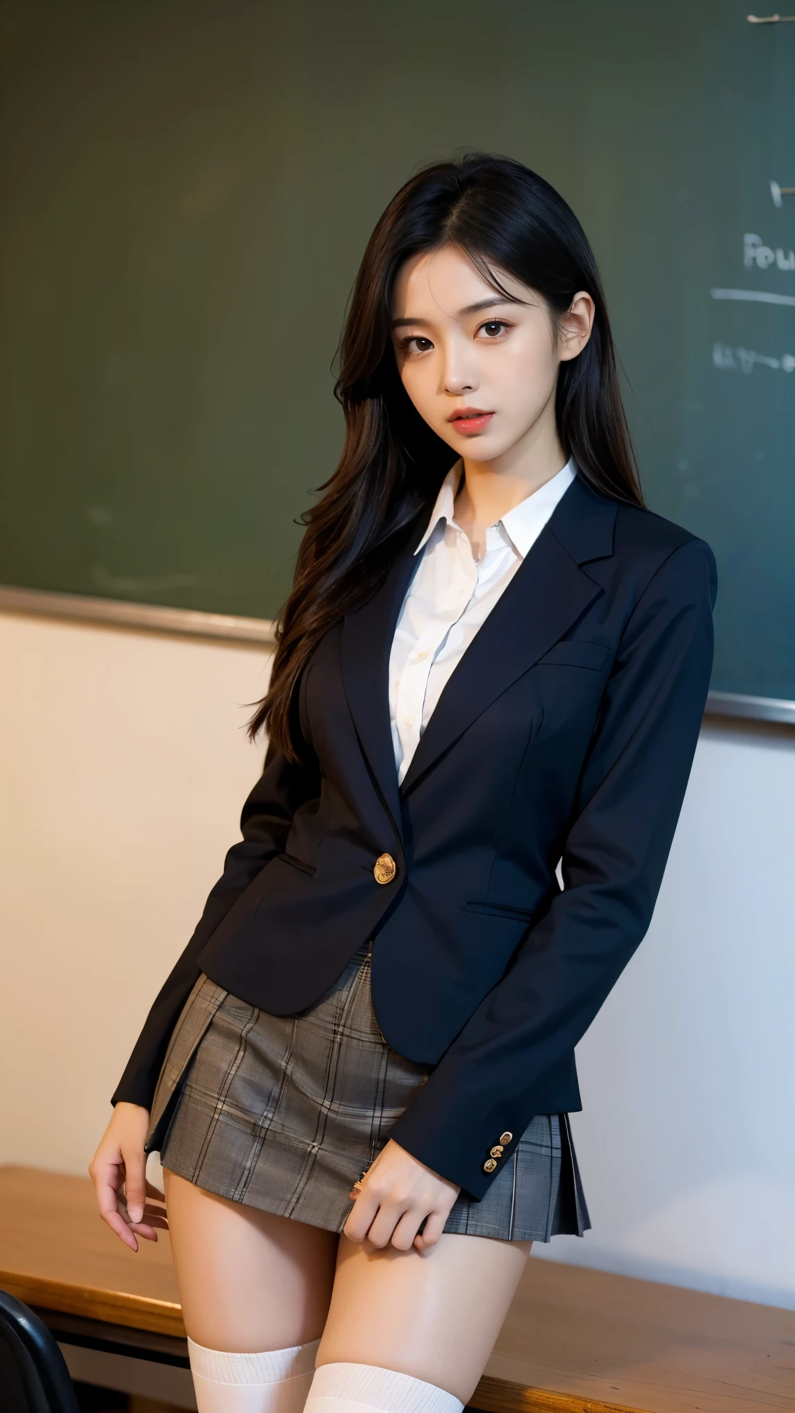 (8K), (highest quality: 1.2), (realistic), (realistic: 1.47), ultra high resolution, 1 girl, cute, smile, closed mouth, (thick lips:1.2),red lip,(Purse your mouth),beautiful details, beautiful nose,(Straight shiny black hair),(With a black ribbon on her head),(ponytail hair),Crouching on the concert stage,hold the microphone in your right hand,Bend your elbows and raise your hands,(University Student Uniform,A simple navy blue blazer,white satin shirt,tie,Tartan check pleated skirt,Beige natural pantyhose:1.2),(Close up on wet thighs:1.2),(knees),(Black short spats),(super low angle:1.3),(medium shot),