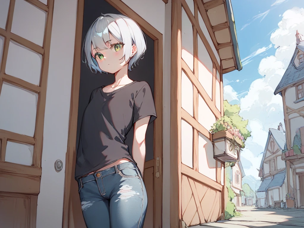  an elementary school girl with silver hair 、 semi-long、 flat chest、black t-shirt with denim pants、 green eyes、Height: 130cm、Standing alone in front of the house、〈 Looking ahead 〉