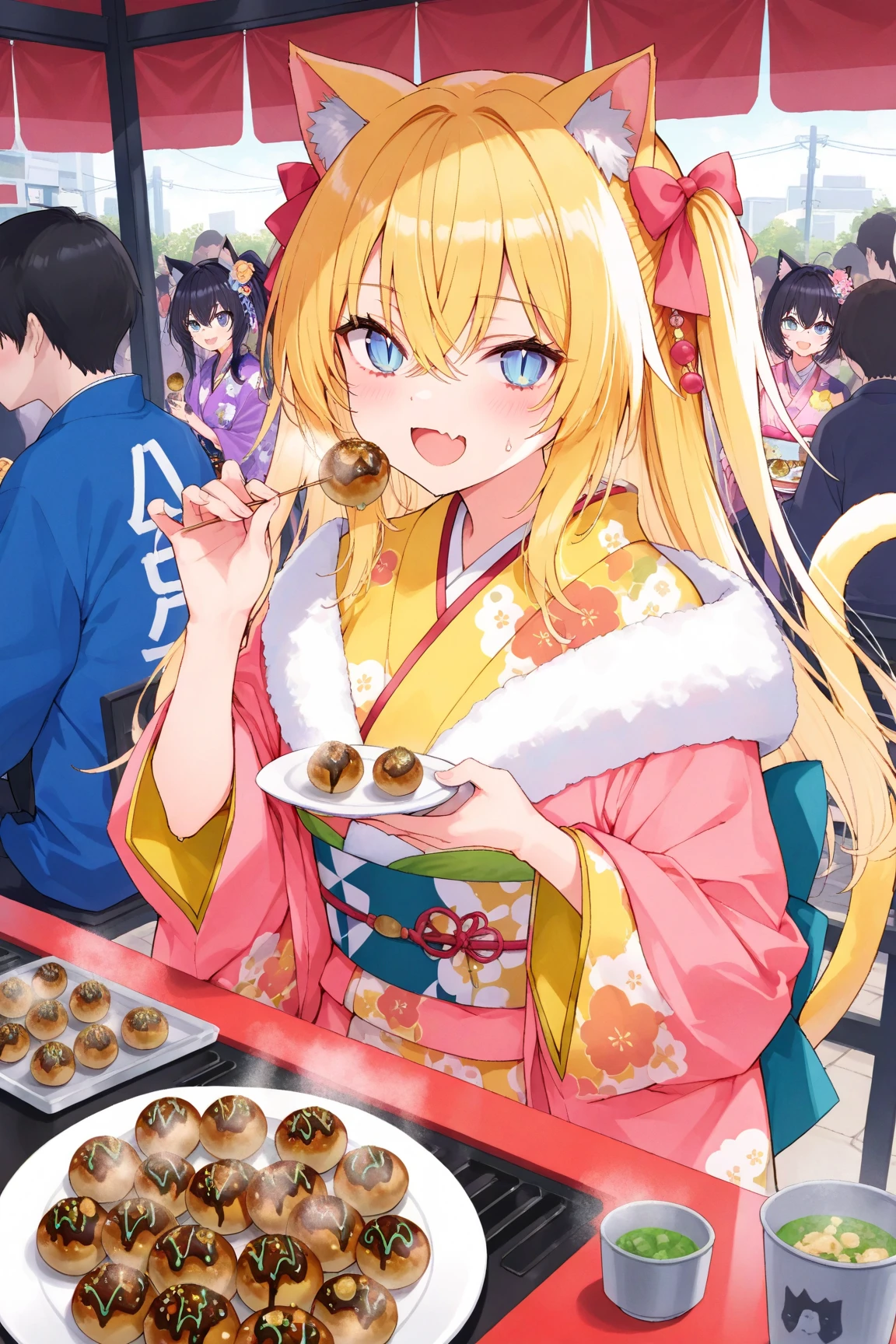 1girl,Cat Girl,Cat ears,Cat tail,(slit pupils),blue eyes,skin fang,Golden Hair,Long Hair,two side up,Crossed bangs,between hair
,BREAK pink kimono,layered kimono,cute kimono
,BREAK takoyaki,hot plate,holding Takoyaki Pick,action,sweat,steam,Eating,delicious,happy
,BREAK masterpiece,best quality,amazing quality,very aesthetic,absurdres,Great graphics
,BREAK Street Food Stall,takoyaki stand,lively booth,fulfillment,crowd