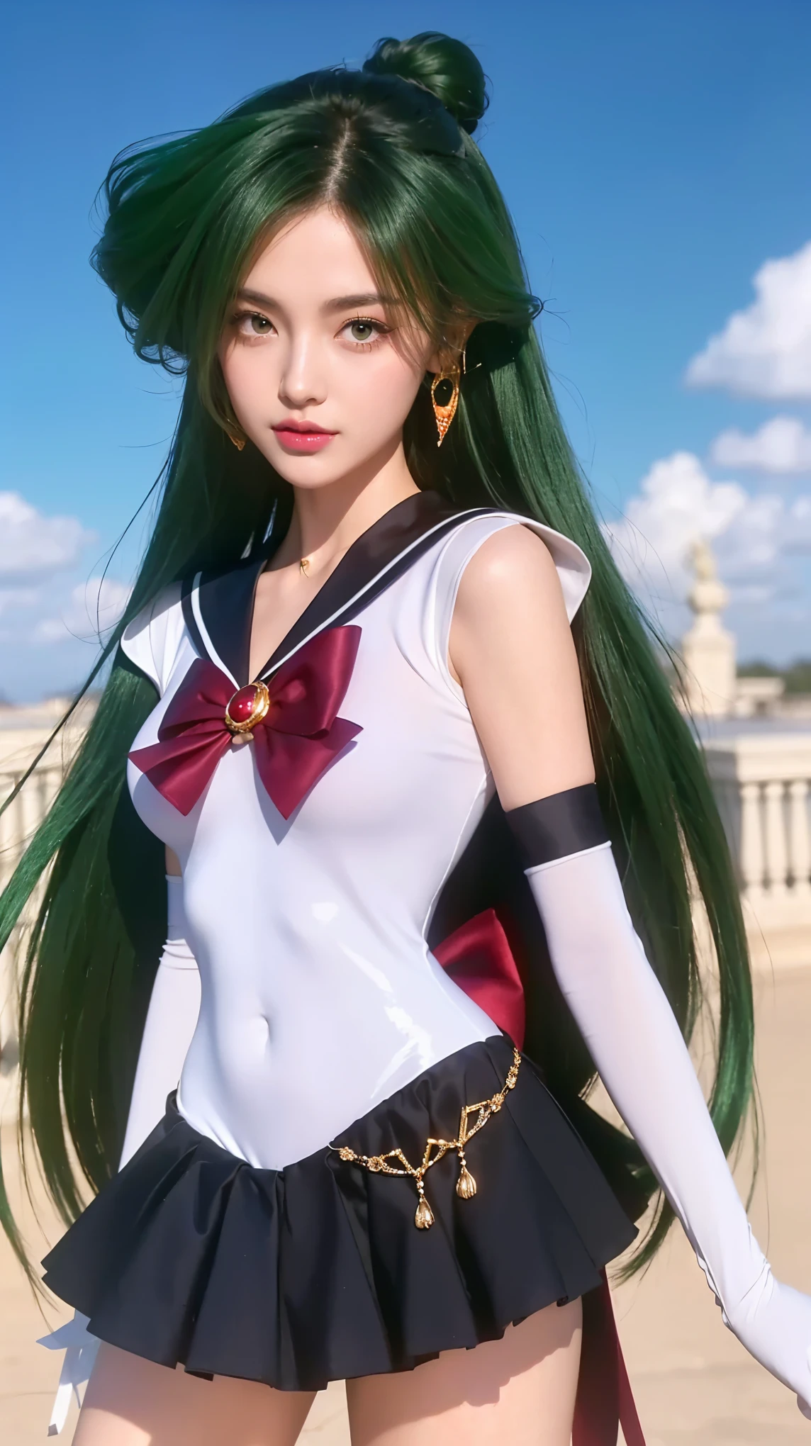full: 1.3, Stand, Masterpiece, Realistic, Ultra-microscopic, Best Quality, Ultra-detailed 8K CG Unity wallpaper, long dark green hair that shines, with a soft emerald green hue that glows gently when hit by light, the hair is straight and falls to the waist, with the top slightly voluminous to give a natural dimension, there is a straight fringe framing the face, with the ends of the fringe slightly curling inward, giving a soft and feminine impression, at the top of the head, the hair is tied into a neat small round bun, adding an elegant touch to the overall style, the ends of the hair look smooth and textured, reflecting good care, the hair appears soft and light, moving beautifully with the wind, giving a realistic and lively impression. (hair must match the reference image), (all hair is dark green), intricate details, (1 woman), 25 years old, (Sailor Pluto, Adult woman, Large breasts, Aqua eyes, Dark green hair, Mei Xiaofu, Sky away, mer1, Sailor senshi uniform), Sailor senshi uniform: 1.2, Sailor Pluto, (Curved chest: 1.4, Tall, Feminine: 1.4, Abdominal muscles: 1.2, Very tall, Perfect proportions, Long and sexy legs, Sexy and dynamic model pose), A small, luxurious golden crown on the forehead: 1.2, Bare upper arms: 1.2, Long white latex gloves, Adorned with luxurious gold accents: 1.2, Smooth and shiny skin: 1.5, Sleek and sexy gravel dress: 1.3, Dark black brooch, Chest adorned with a large dark brown ribbon: 1.2, Sexy black mini skirt in front: 1.1, Black mini skirt in front, White leotard, Dark black gloves, At the elbows), (There is a large dark brown ribbon at the hips: 1.3, Black necklace, cleavage, Seksi dan berani, Red spoon-shaped earrings, dark black high heels, luxurious gold accents), ((Seductive smile, very beautiful face, facial details: 1.5, natural makeup, slightly flushed cheeks, Bright red eyes, beautiful face, beautiful eyes, shiny red lips, large breasts, Thin and shiny lips: 1.3, thin and sharp eyebrows, long and dark eyelashes, double