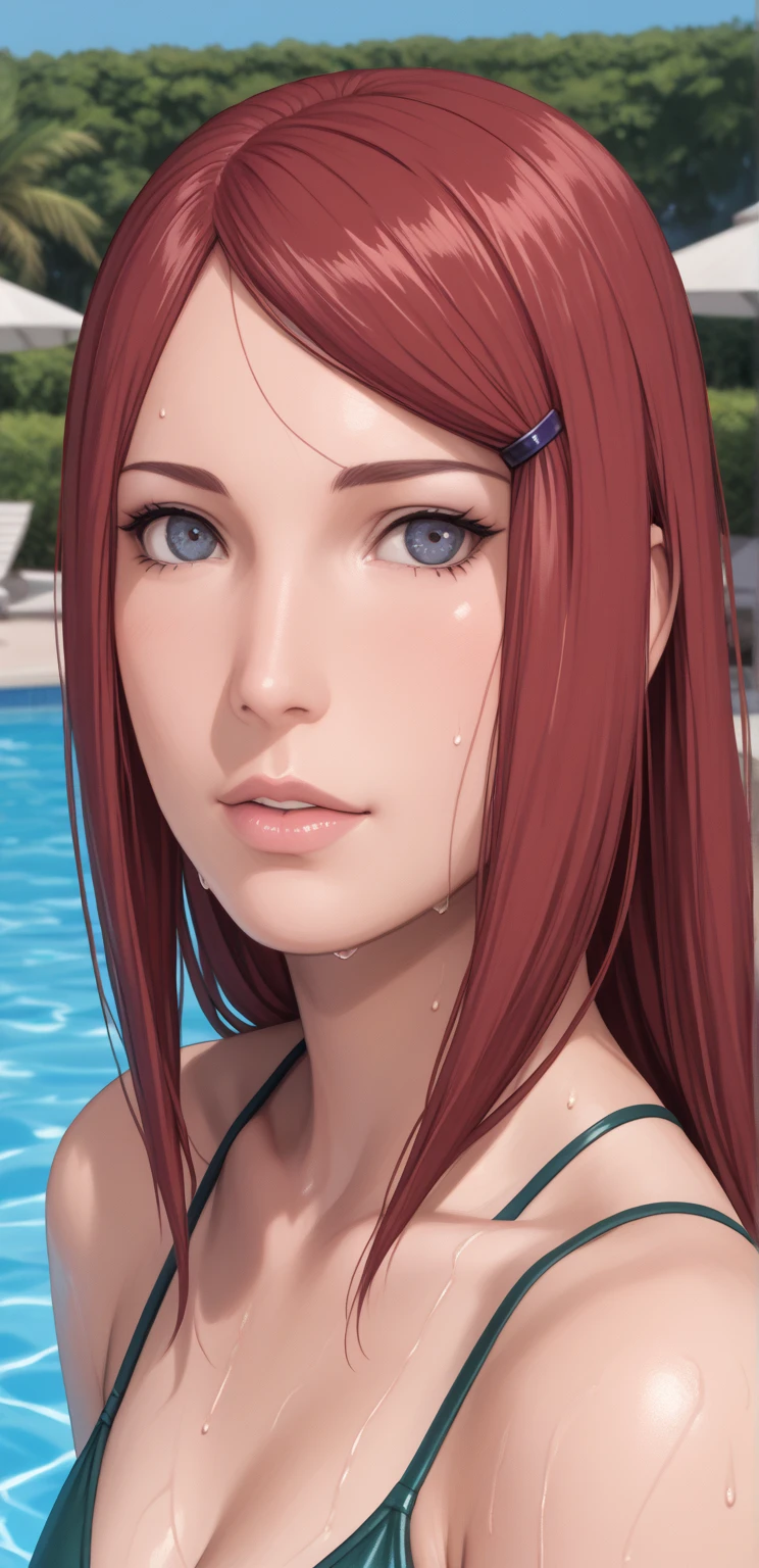 masterpiece, highest quality, Beautiful woman, whole body, Detailed hairstyle, I was sweating, Mature Woman, indoor, Kushina Uzumaki, swimsuit, swimming pool,red hair hair，（8k，RAW Photos），（Best Quality），（Masterpiece Loose），（Realistic，）（Realistic），（High resolution），Hyper Detail，（Gentle Realism：1.1），Beautiful Face， （1 Female：1.1），High resolution), (8k), (Very detailed), (4K), (Pixiv), Perfect Face, Beautiful eyes and face, (highest quality), (Very detailed), Detailed face and eyes, (alone), Textured skin, absurdes, High resolution,