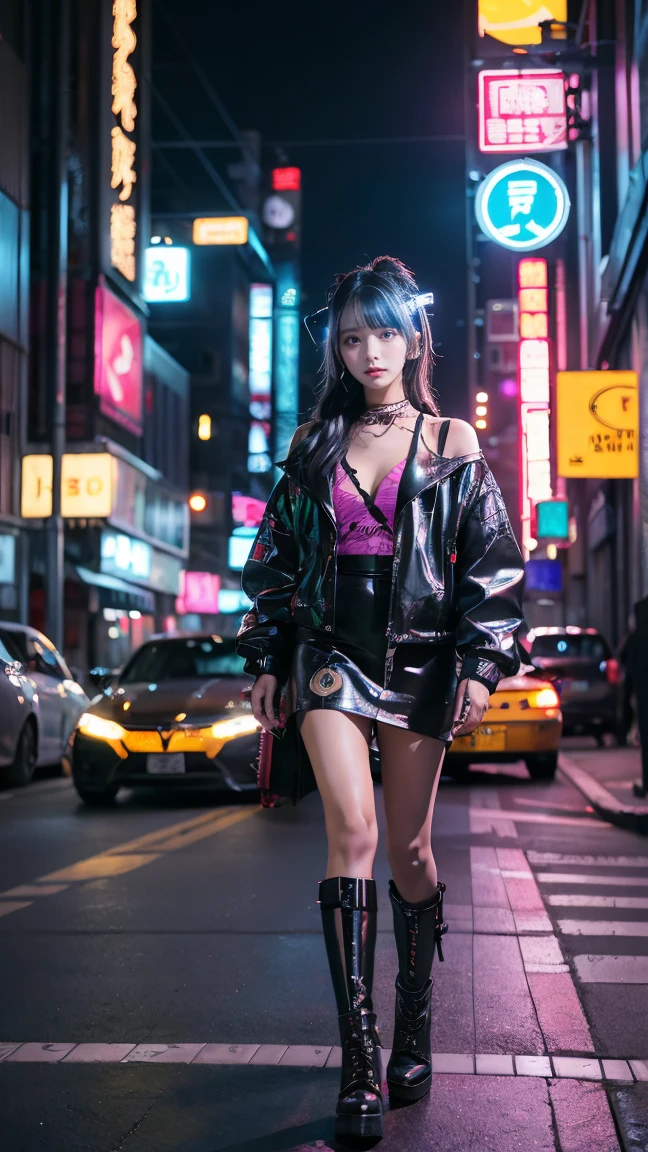 **prompt**:
**Characteristics of Japanese beautiful girls**:
This image contains、A beautiful Japanese girl stands in the night streets of a futuristic city。Her expression is cool and confident.、Long black hair flows straight。The beautiful girl's features are clear、It creates a stylish atmosphere。
**Background features**:
The background is a corner of a city with neon lights shining.、Pink and blue neon lights stand out。The night cityscape、Futuristic and cyberpunk feel、The wet reflections on the road create beautiful light effects.。
**Thin fabric clothing**:
She is wearing a black vinyl outfit.、The top has a shoulder-exposing design.、The skirt is decorated with chains。The whole outfit has a glossy look、It shines by reflecting the neon light.。On her feet she wears thick-soled boots.、The socks are accented with vibrant colors。
**Posing**:
She is posing confidently、spread your feet shoulder-width apart、Hands are naturally lowered。This pose highlights her strength and confidence.。
**Photographic Techniques**:
This photo was taken vertically、Placing the subject at the center of the shot makes her stand out.。Use the neon light effect in the background and the reflection of the wet road.、Enhances the contrast between light and shadow。Using ultra-realistic live-action techniques、It is characterized by its attention to detail.。especially、The combination of shiny costumes and neon lights、It creates a fantastic atmosphere。