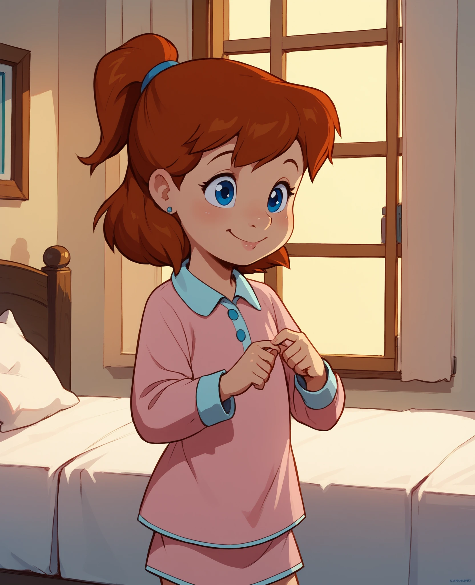 score_8, score_9, jenny, 1 girl, solo, brown hair, ponytail, blue eyes, earrings, standing, in bedroom, smile, pink pajamas dress,