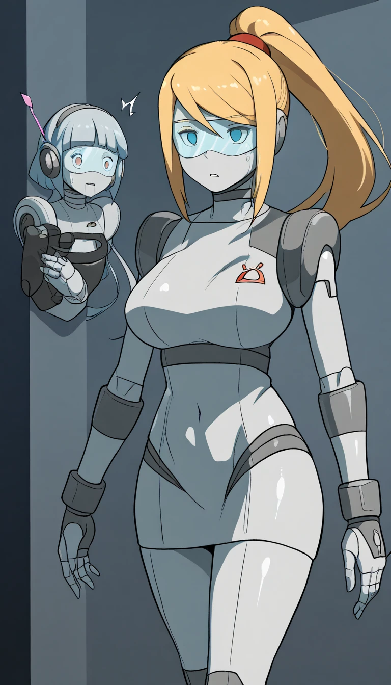 masterpiece, best quality, extremely detailed, (8K, 4K, Best Quality, hight resolution, 超A high resolution:1.1), ,8k portrait, Japaese android Girl,Plump , dark black leg cover,announcer,control panels,android,Droid,Mechanical Hand, Robot arms and legs, Blue Robot Parts,yellow ponytail,Mechanical body,Blunt bangs,perfect mechanical abdomen,blue robotics parts,perfect robot woman,future laboratory,cyber pank,charging spot,laboratory,long tube,thick cable connected her neck,blue ceramic body ,perfect mechanical body, blue robot body,lod antenna,mechanical ear cover,android,robot humanoid,black sponge joints,The removable cover is in the groin,The connection port is in the groin,opened chest panel,access panel on the chest,opened breast panel,perfect mechanical breast,perfect black machine body,perfect black android body,She has repaired,assembly plant,no human skin,visor,mistyrobot,samus aran,dress,malfunction,robot joint,doll joint,robotization,partial robotic,empty eyes,dress,android,approaching,extremely slender figure,more girls,fellatio,yuri,lesbian,licking pussy,ahegao