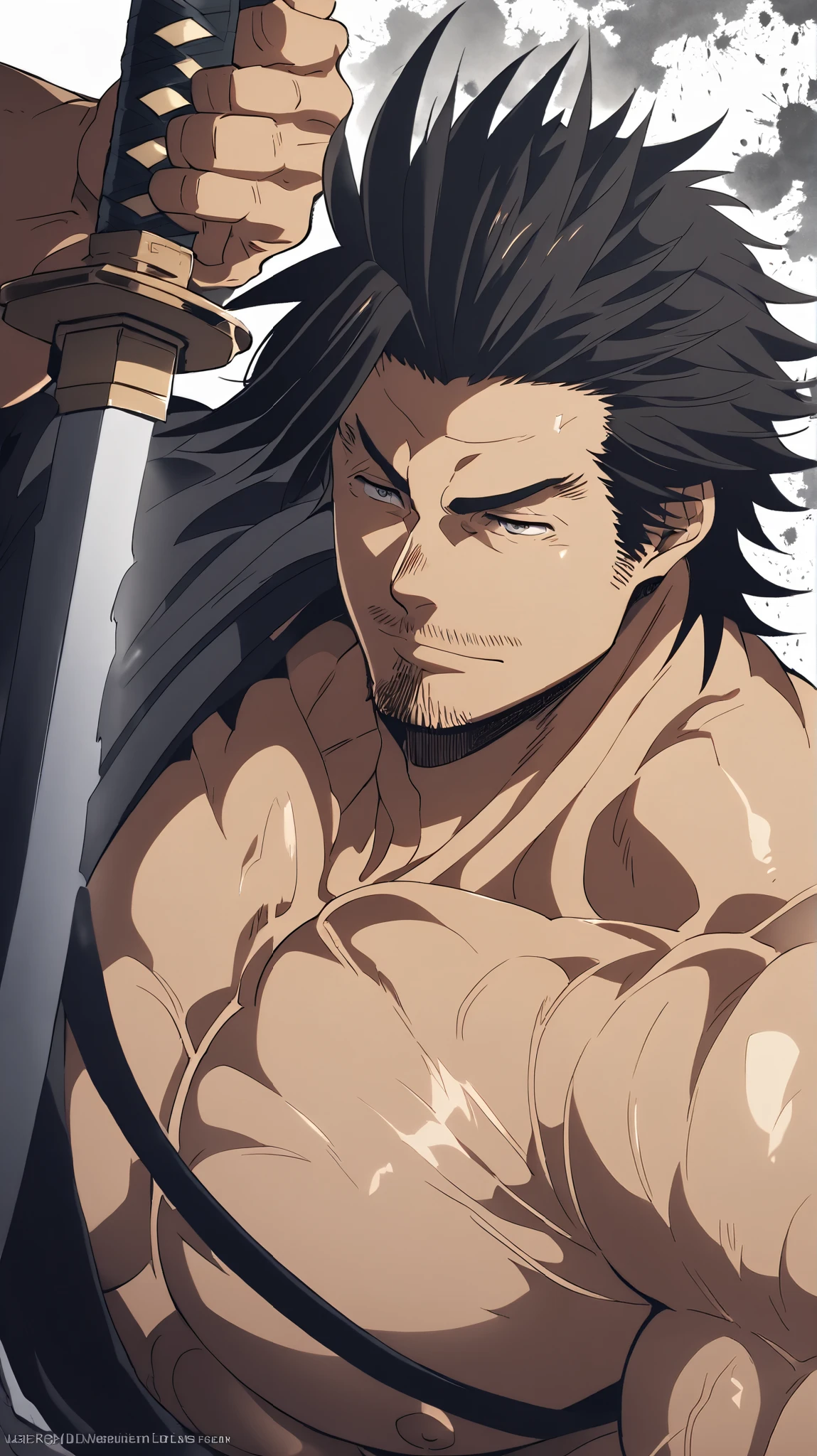 (Yami Sukehiro:1.3),  muscularity，beard， black hair,Huge pectoral muscles， kimono，(Hold a Japanese sword in one hand:1.2)，Dynamic composition， ink background holding a Japanese sword