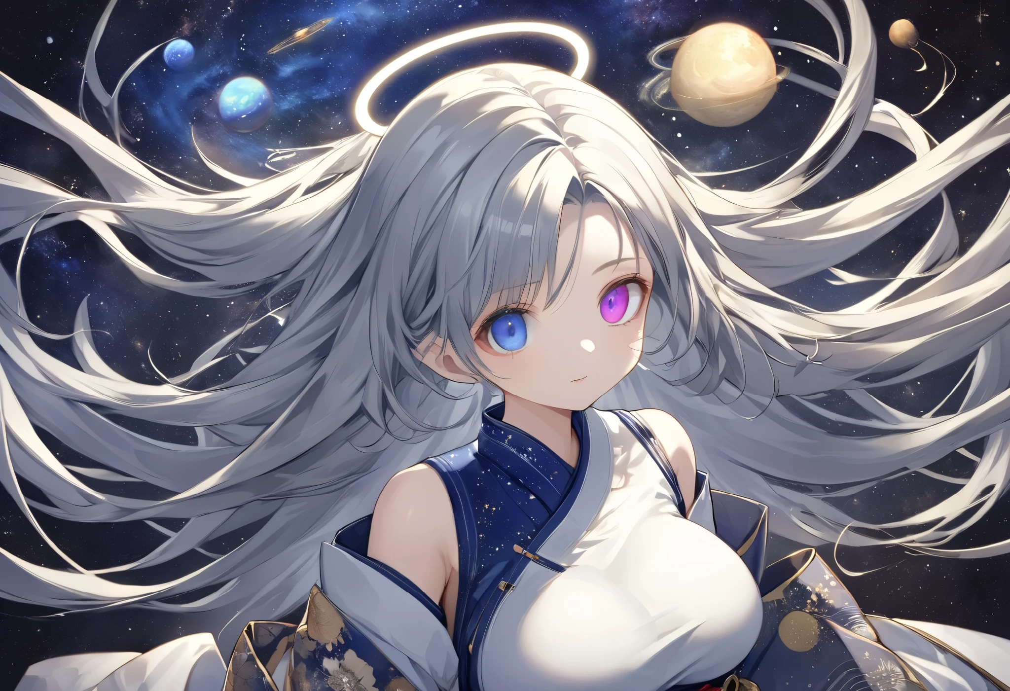 fresh illustration ,
Superfine painting,
top quality,
very delicate illustration ,
Very fine details ,
beautiful attractive anime style ,
Fascinating anime style ,
more details,
beautiful and sophisticated illustration of one girl ,
full body view,
Height: 158cm,
Fair skin,
right eye blue left eye purple perfect heterochromia ,
large black pupils ,
beautiful eyes,
Shiny super long hair ,
The roots of the hair are blue and the others are gray ,
hair has gradations
The forehead is sticking out,
pretty and cute face ,
Cheeks are ruddy,
A small, shiny halo is floating on the back of the head,
Lowering the eyebrows,
since age 27,
The upper half of the body is in a traditional Japanese kimono,
Overall white clothes ,
lower body Nadres ,
The color of the belt is black ,
The design is tastefully embroidered with gold thread,
fine fabric clothing ,
Shoulder-width narrower shoulders,
mega breasts,
Isometric,
Golden Ratio,
god々 like atmosphere,
The undershirt is indigo-colored with a stand-up collar,
outer space ,
There are multiple galaxies ,
Little Star々 upper body ,
tactical use of shadows ,
The circle of hair and head does not show the angle of view,
Clothes don't show the angle of view ,
Bust Shots,