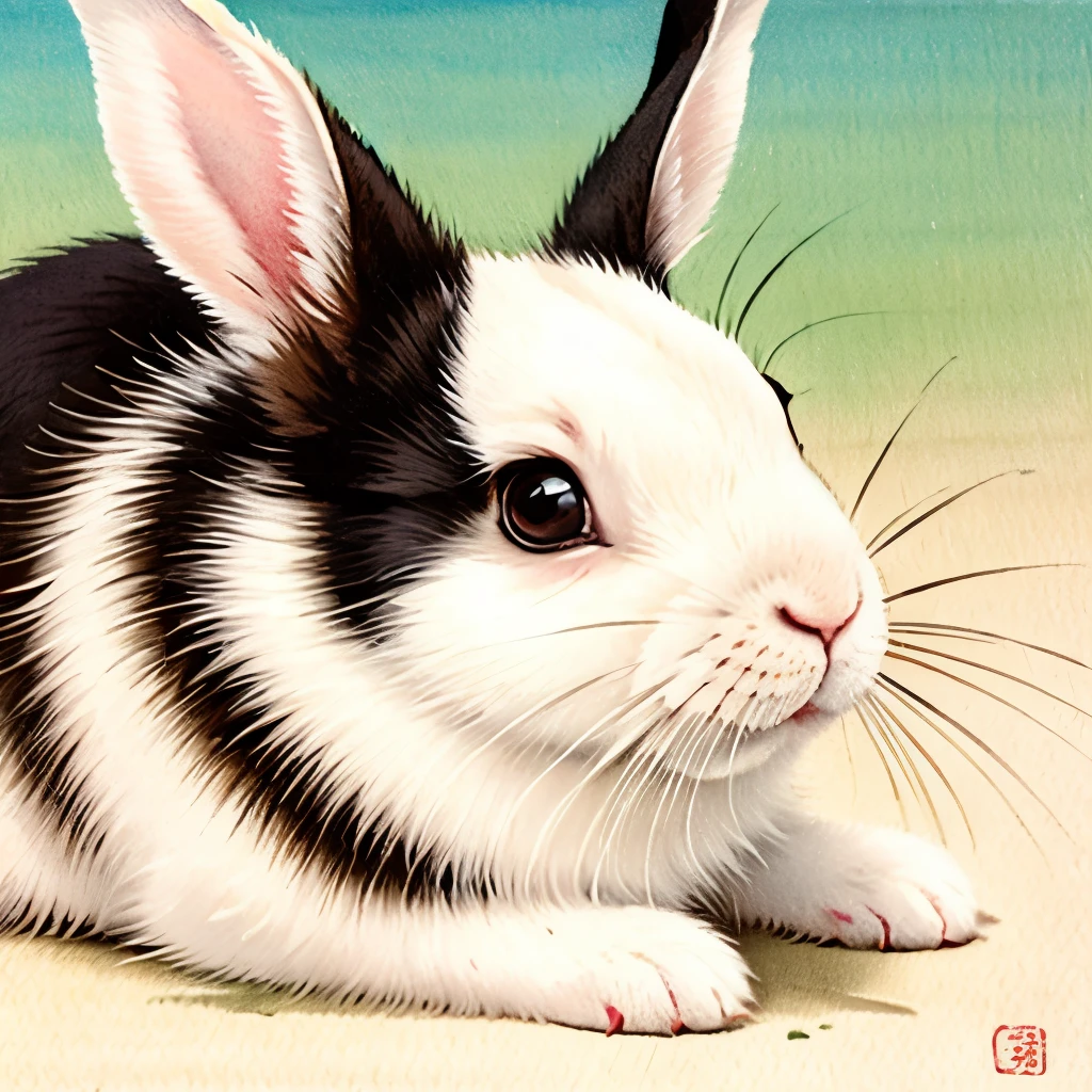 a close up of a painting of a rabbit on a white surface, a pastel by Ohara Koson, flickr, sōsaku hanga, tyrus wong, ryohji hase, japanese watercolor, traditional chinese painting, rabbit, old japanese art, japanese painting, traditional chinese art, traditional japanese painting, chinese ink and wash painting, traditional japanese art