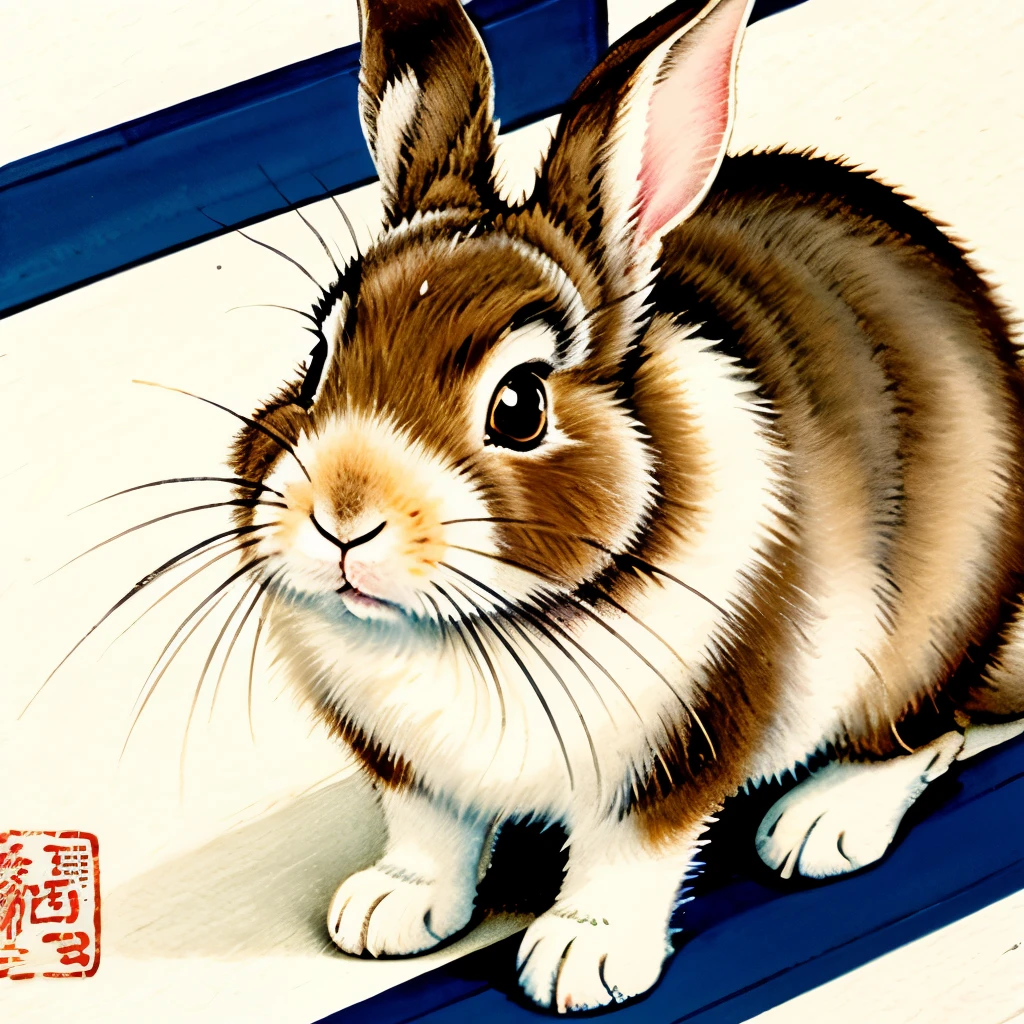 a close up of a painting of a rabbit on a white surface, a pastel by Ohara Koson, flickr, sōsaku hanga, tyrus wong, ryohji hase, japanese watercolor, traditional chinese painting, rabbit, old japanese art, japanese painting, traditional chinese art, traditional japanese painting, chinese ink and wash painting, traditional japanese art